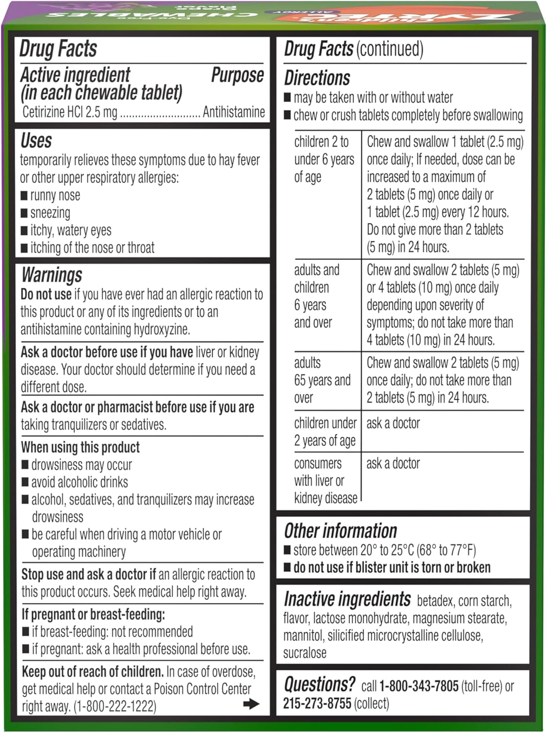 Zyrtec Children's Dye-Free Chewables for 24 Hour Allergy Relief, 24 ct