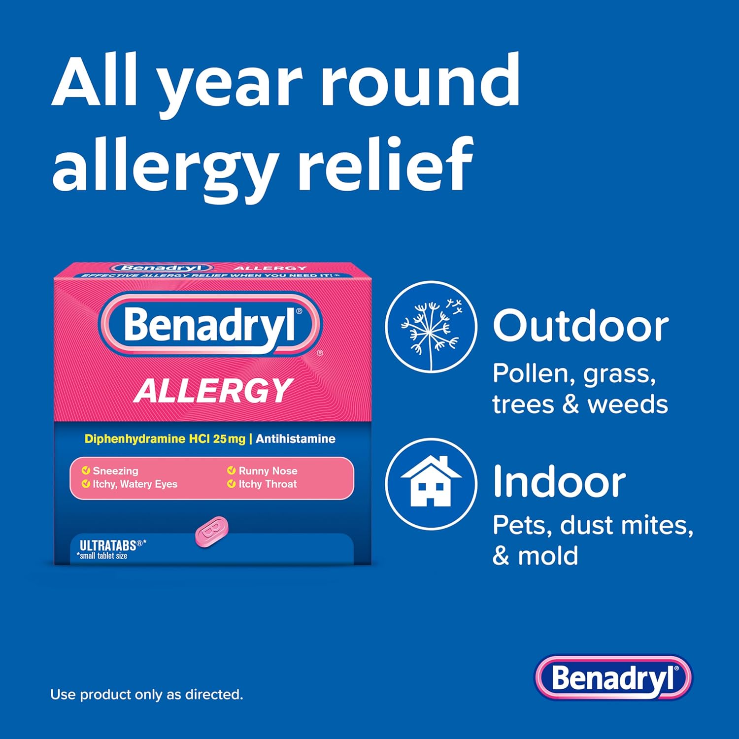 Benadryl Ultratabs Allergy Medicine, 25 mg Diphenhydramine HCl Antihistamine Tablets, 100 Count Tablets