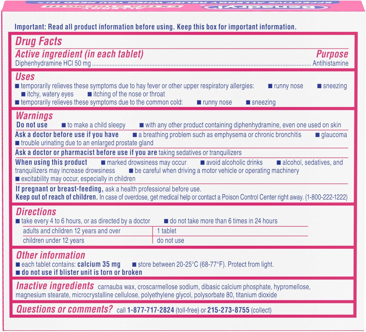 Benadryl Extra Strength Allergy Relief Medicine, 50 mg, 24 ct