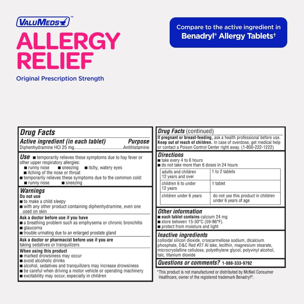 ValuMeds Allergy Medicine Antihistamine, Diphenhydramine HCl 25 mg (25 mg, 600)