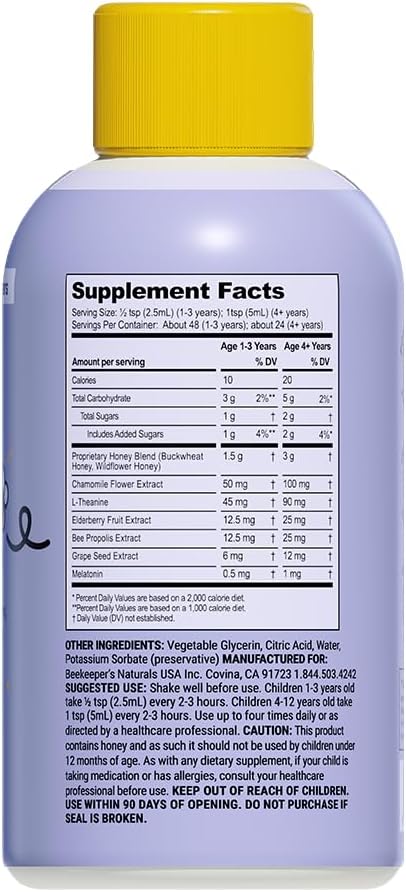 Beekeeper's Naturals Propolis Honey Cough Syrup Nighttime for Kids Immune Support, 4 oz.