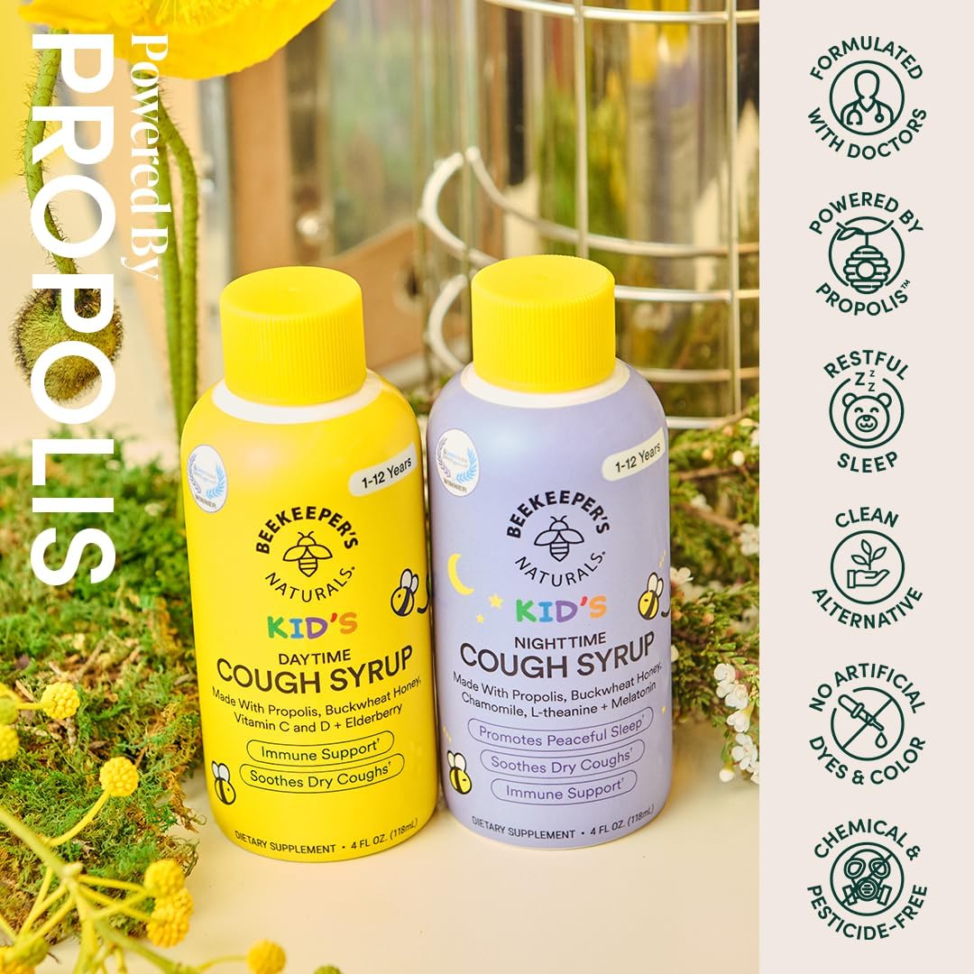 Beekeeper's Naturals Propolis Honey Cough Syrup Nighttime for Kids Immune Support, 4 oz.