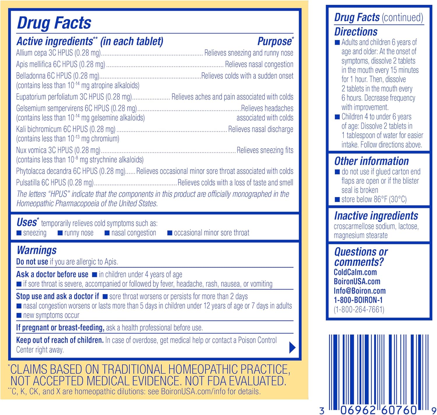 Boiron ColdCalm Tablets for Relief of Common Cold Symptoms Such as Sneezing, Runny Nose, Sore Throat - 60 Count