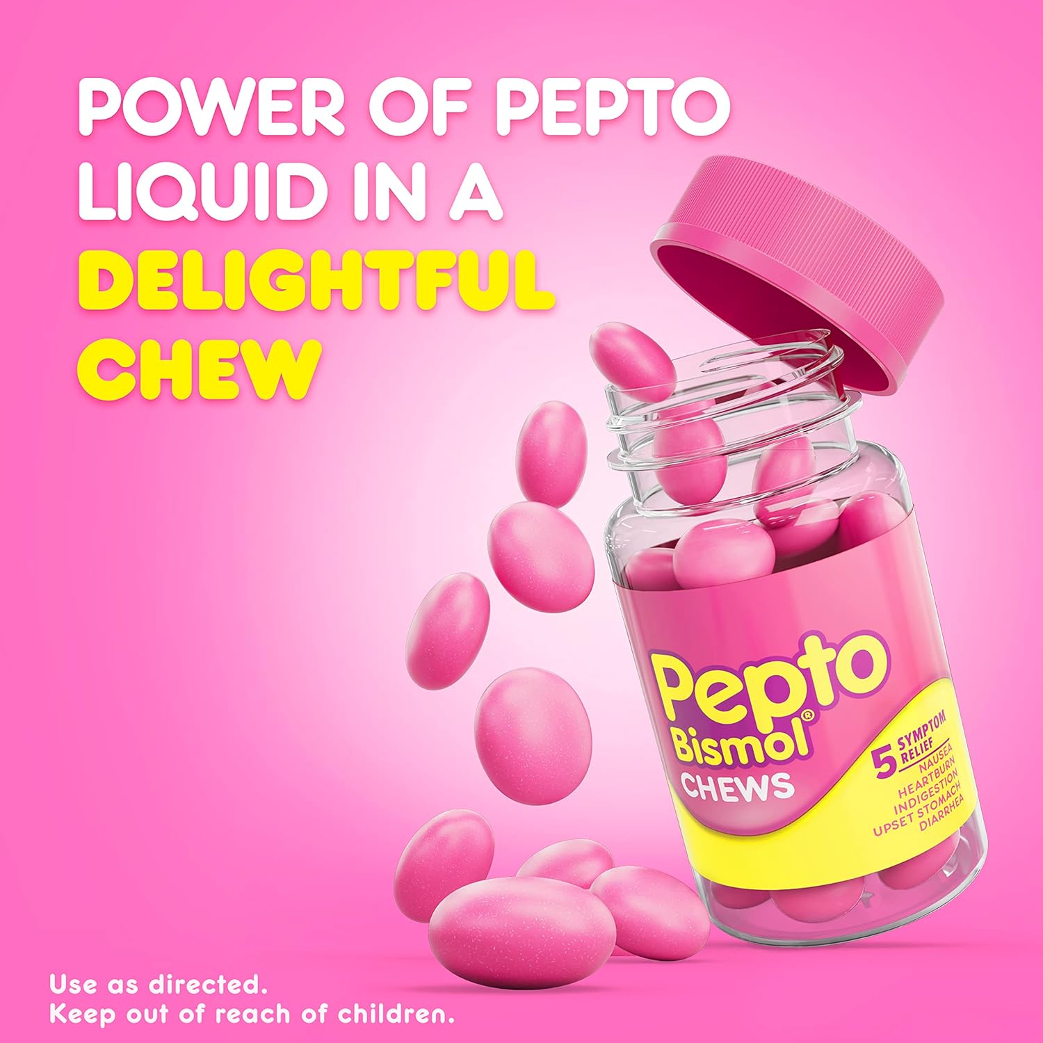 Pepto Bismol Chews, Upset Stomach Relief, Nausea Relief, Heartburn Relief, Indigestion Relief, 72 Chewable Tablets (3x24 ct)