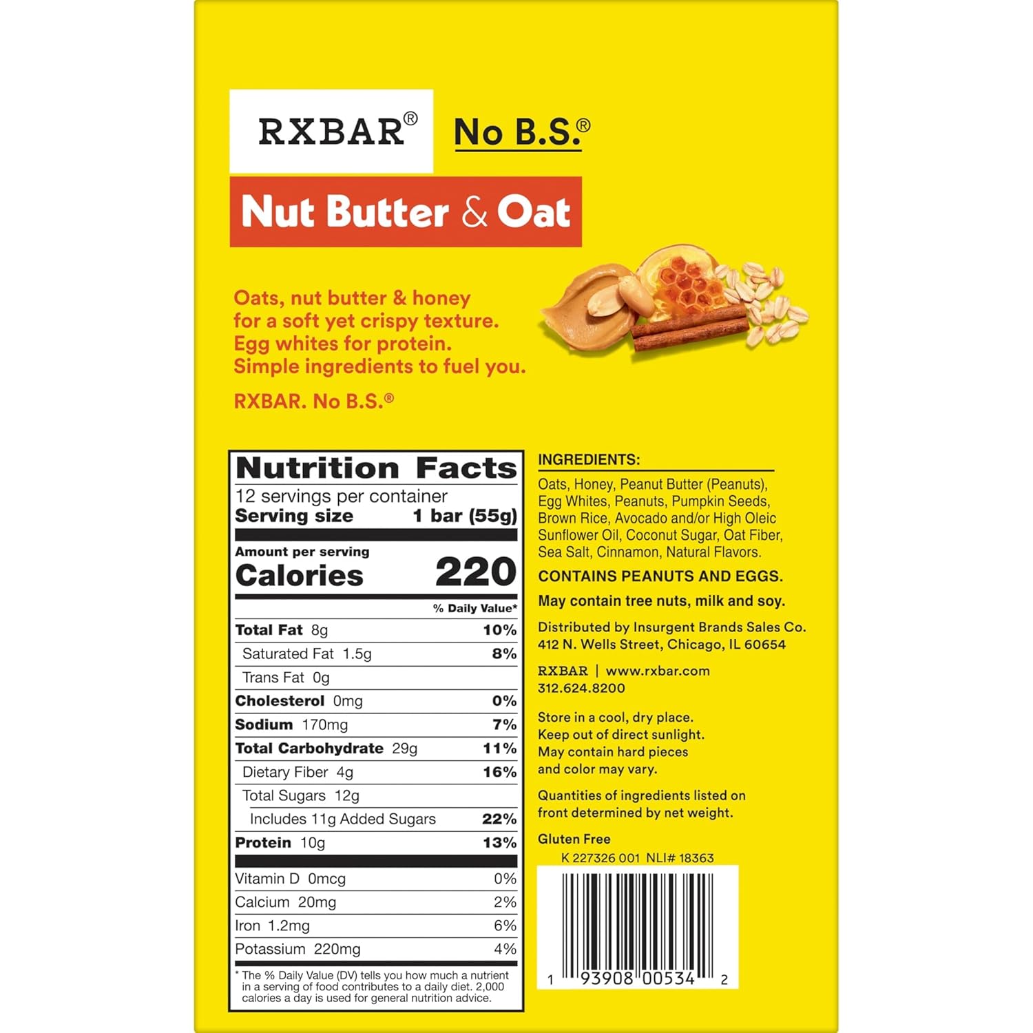 RXBAR Nut Butter and Oat Protein Bars, Protein Snacks, Snack Bars, Honey Cinnamon Peanut Butter, 23.2oz Box (12 Count)