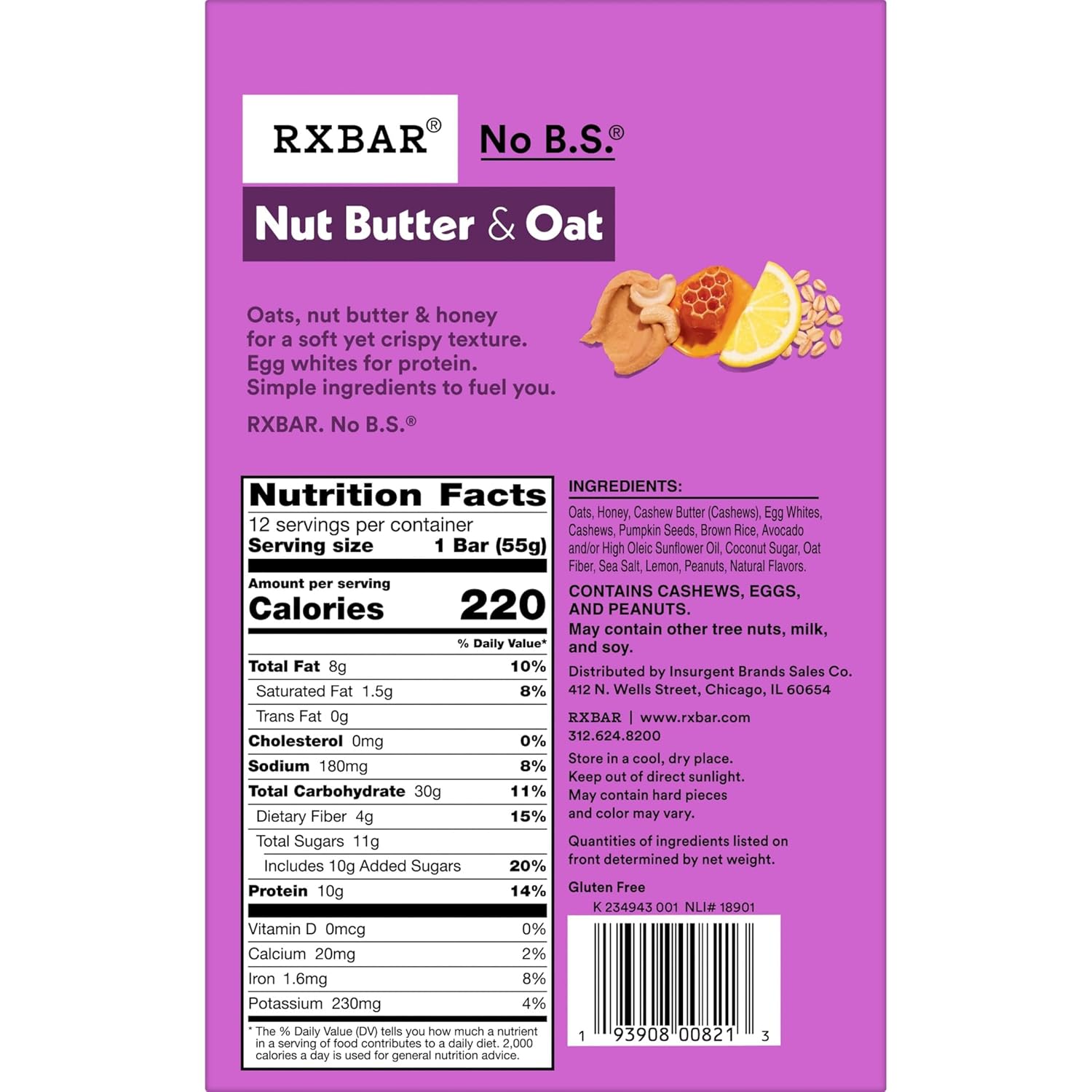 RXBAR Nut Butter and Oat Protein Bars, Protein Snacks, Snack Bars, Lemon Honey Cashew Butter, 23.2oz Box (12 Count)