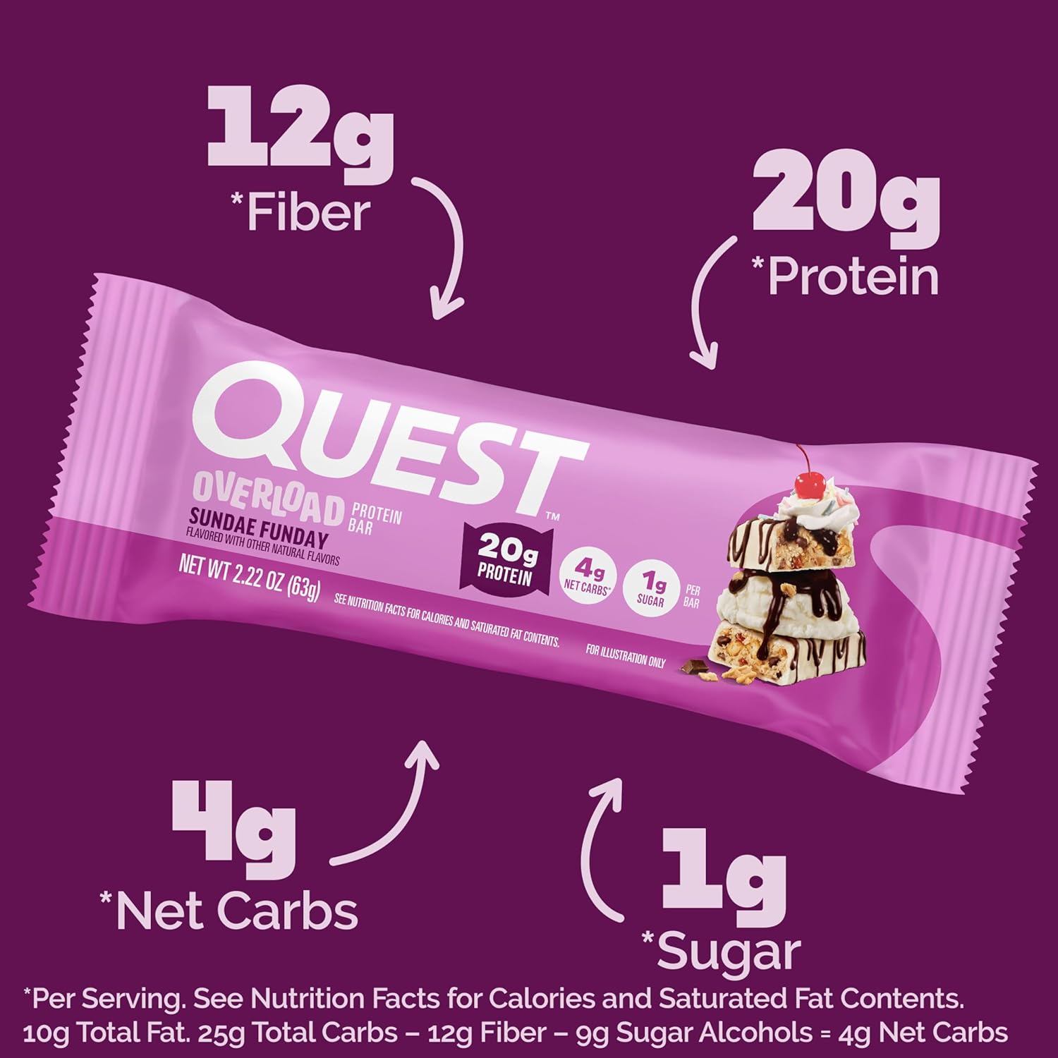 Quest Nutrition Overload Protein Bars, Sundae Funday, 20g Protein, 12 Count
