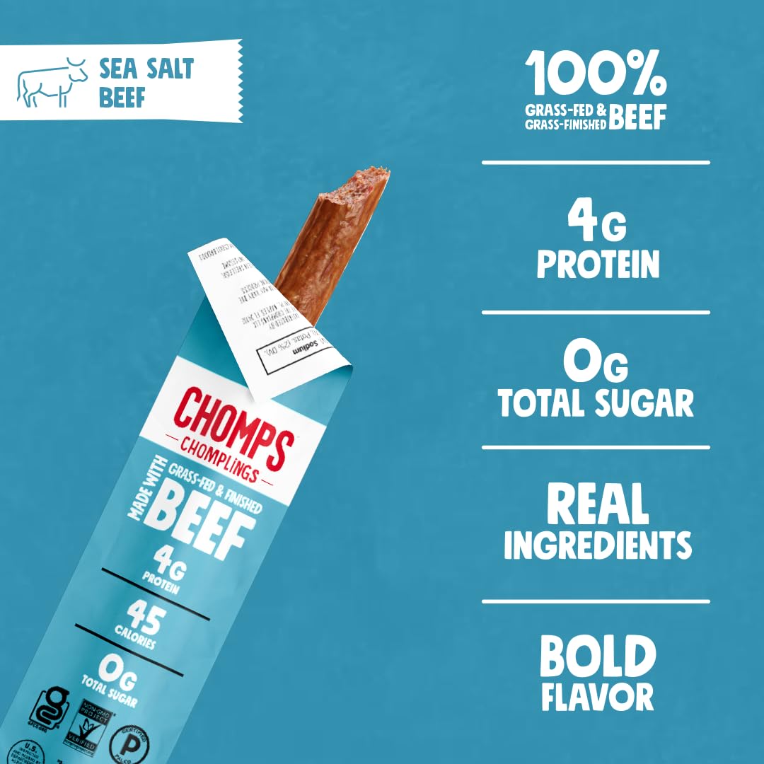 Chomps Snack Size Grass-Fed and Finished Sea Salt Beef Jerky Snack Sticks 0.5oz 24-Pack