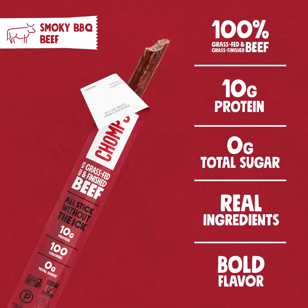 Chomps Grass-Fed and Finished Smoky BBQ Beef Jerky Snack Sticks 10-Pack
