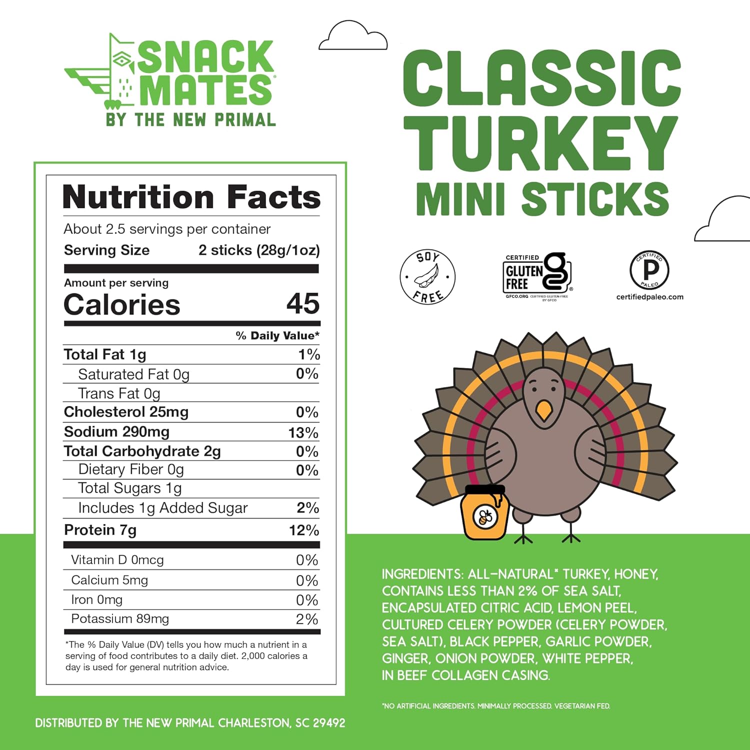 New Primal Snack Mates Turkey Sticks, Gluten Free Healthy Snacks for Kids, Low Sugar High Protein, 40 Pack