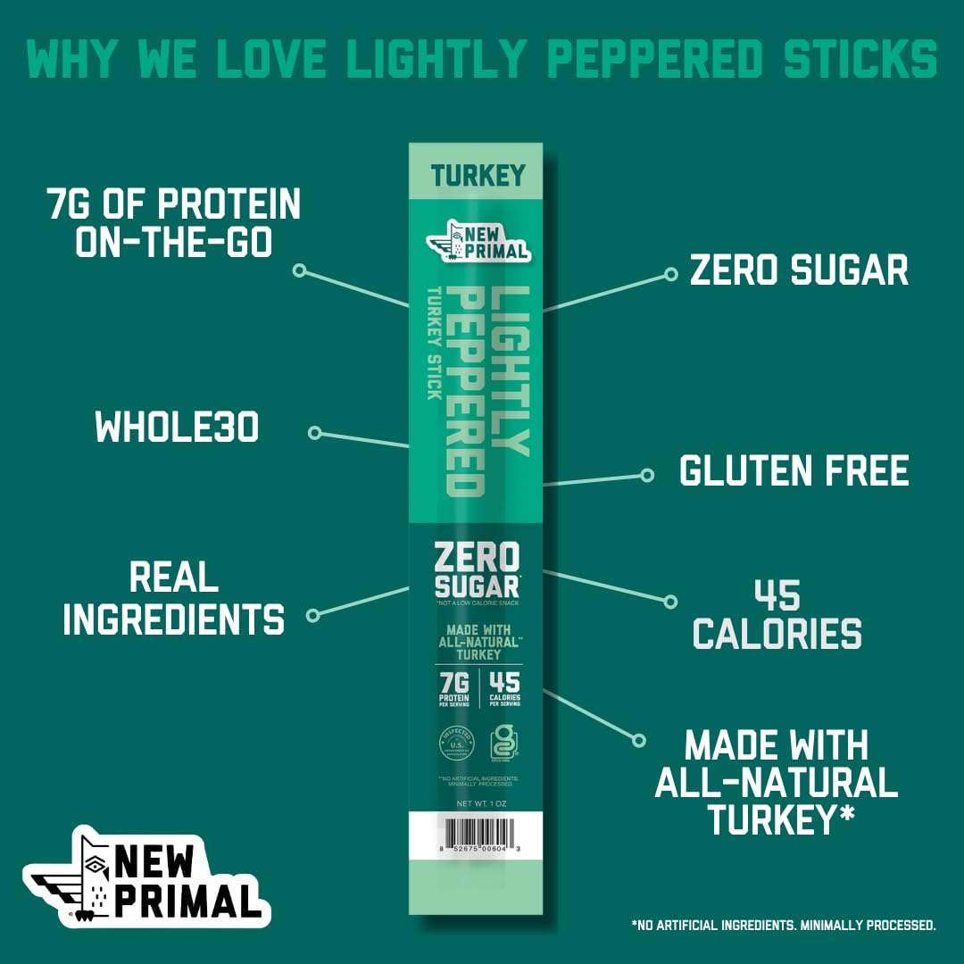 New Primal Lightly Peppered Turkey Sticks, Keto, Gluten Free Healthy Snacks, 7g Protein, 20 Ct