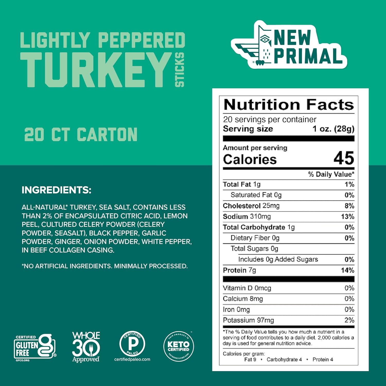 New Primal Lightly Peppered Turkey Sticks, Keto, Gluten Free Healthy Snacks, 7g Protein, 20 Ct