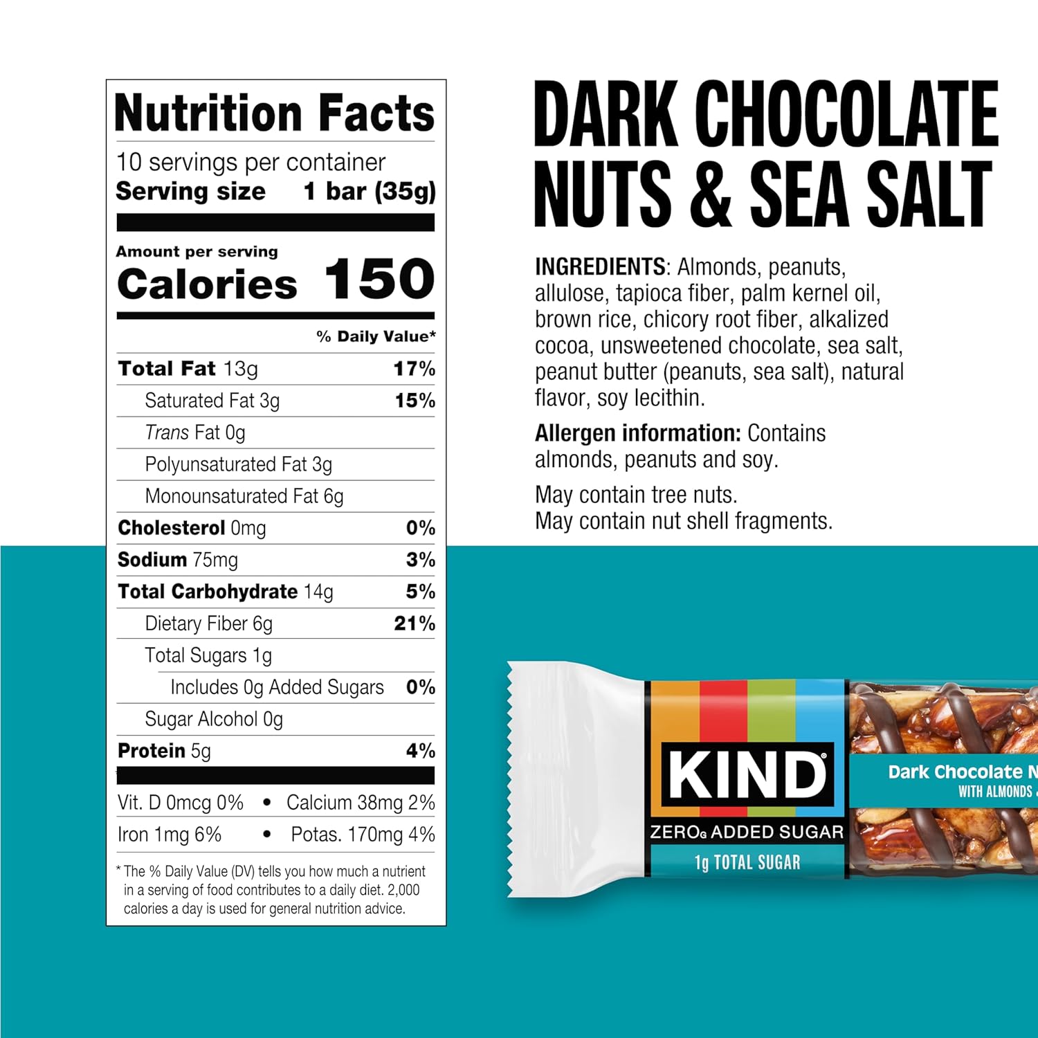 KIND ZERO Added Sugar Bars, Keto Snack, Dark Chocolate Nuts and Sea Salt, 6g Protein, 10 Count