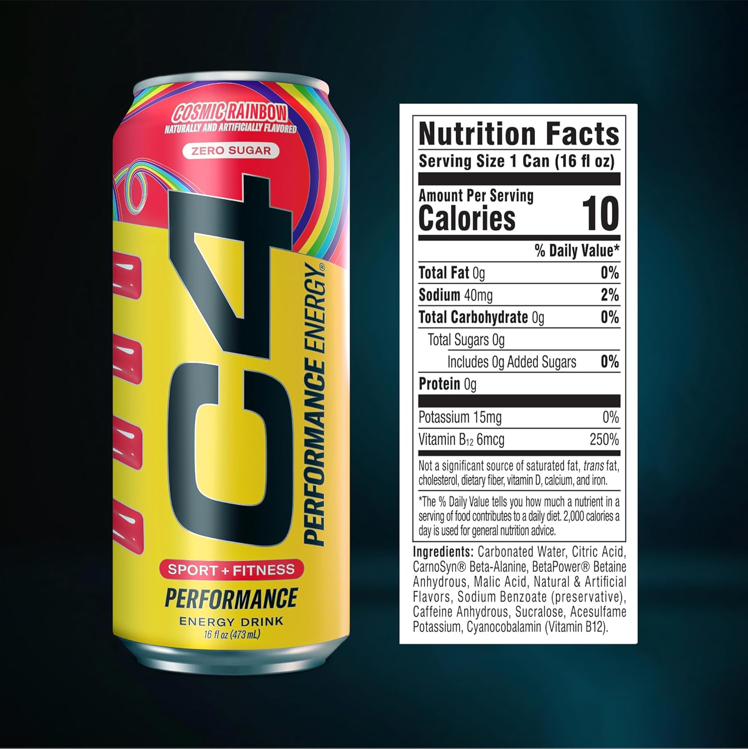 Cellucor C4 Performance Energy Drink | Cosmic Rainbow | Zero Sugar, 16 Fl Oz (12 Pack)