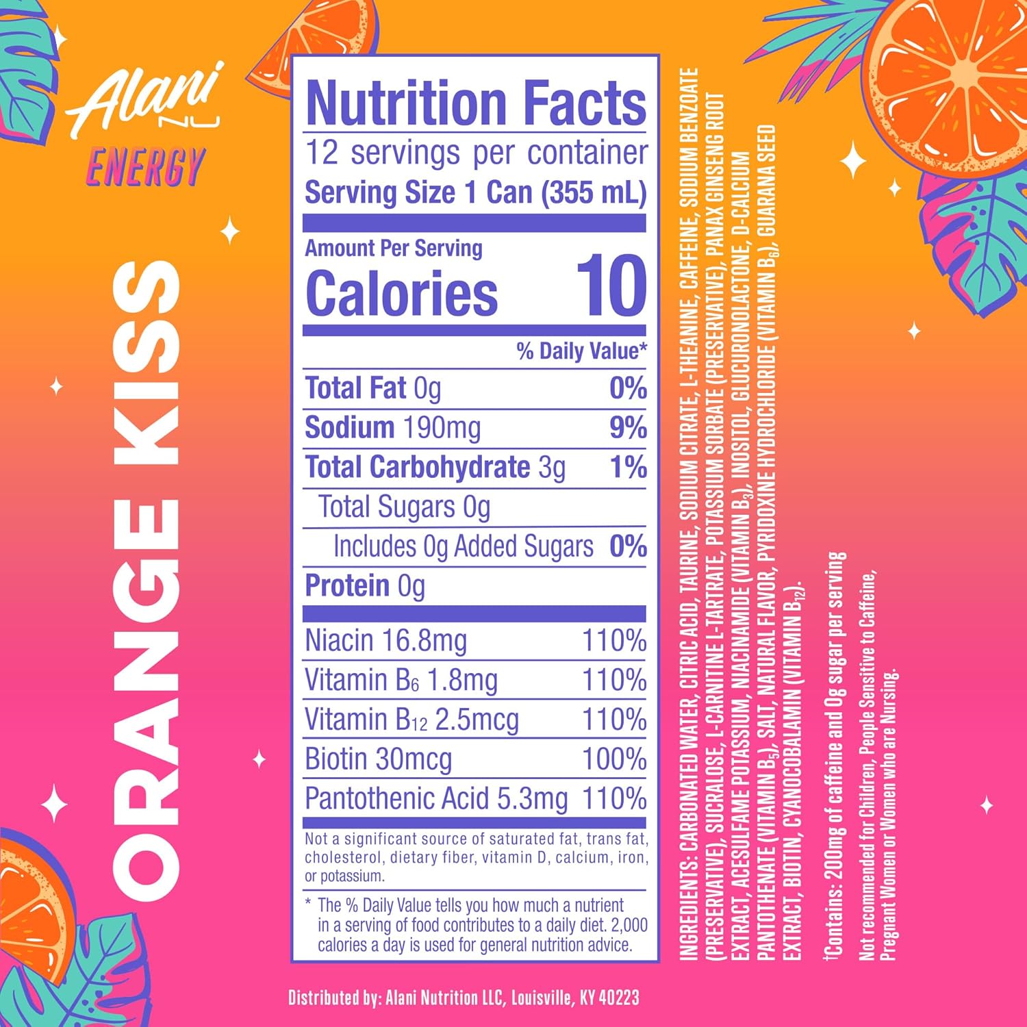 Alani Nu ORANGE KISS, Sugar Free, Low Calorie Energy Drinks, 200mg Caffeine, 12 Pack