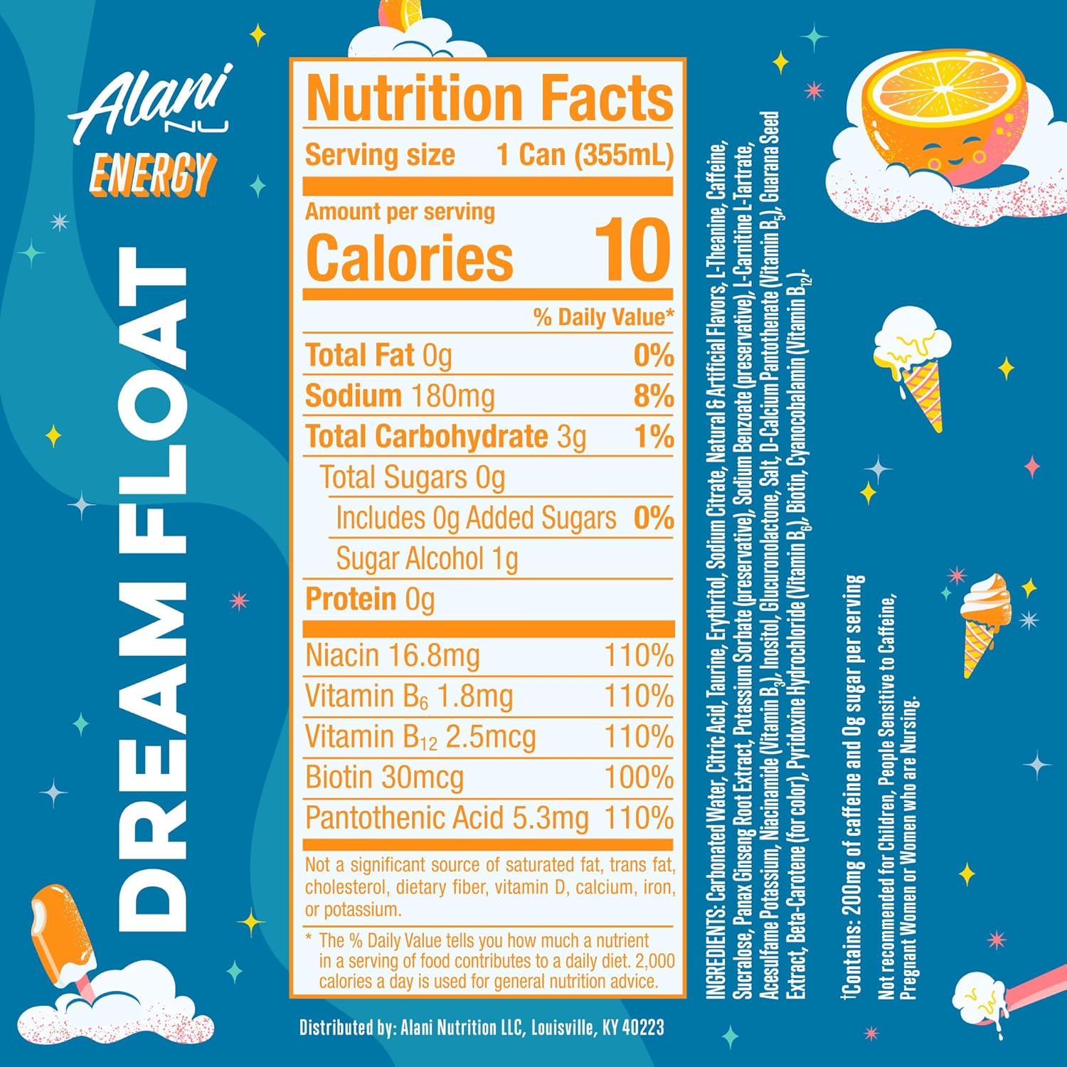 Alani Nu DREAM FLOAT, Sugar Free, Low Calorie Energy Drinks, 12 Fl Oz Cans, 24 Pack