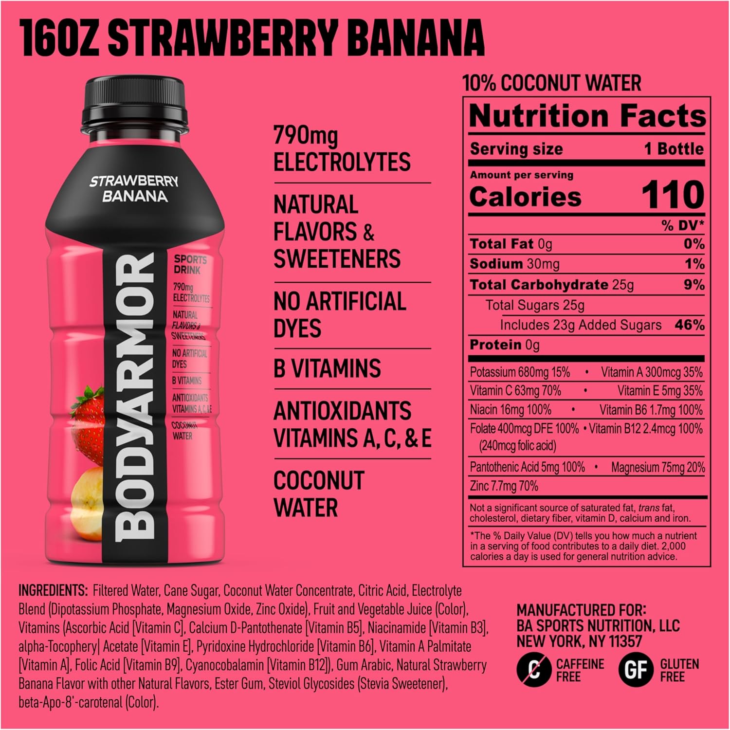 BODYARMOR Sports Drink Sports Beverage, Strawberry Banana, Potassium-Packed Electrolytes, Perfect For Athletes, 16 Fl Oz (Pack of 12)