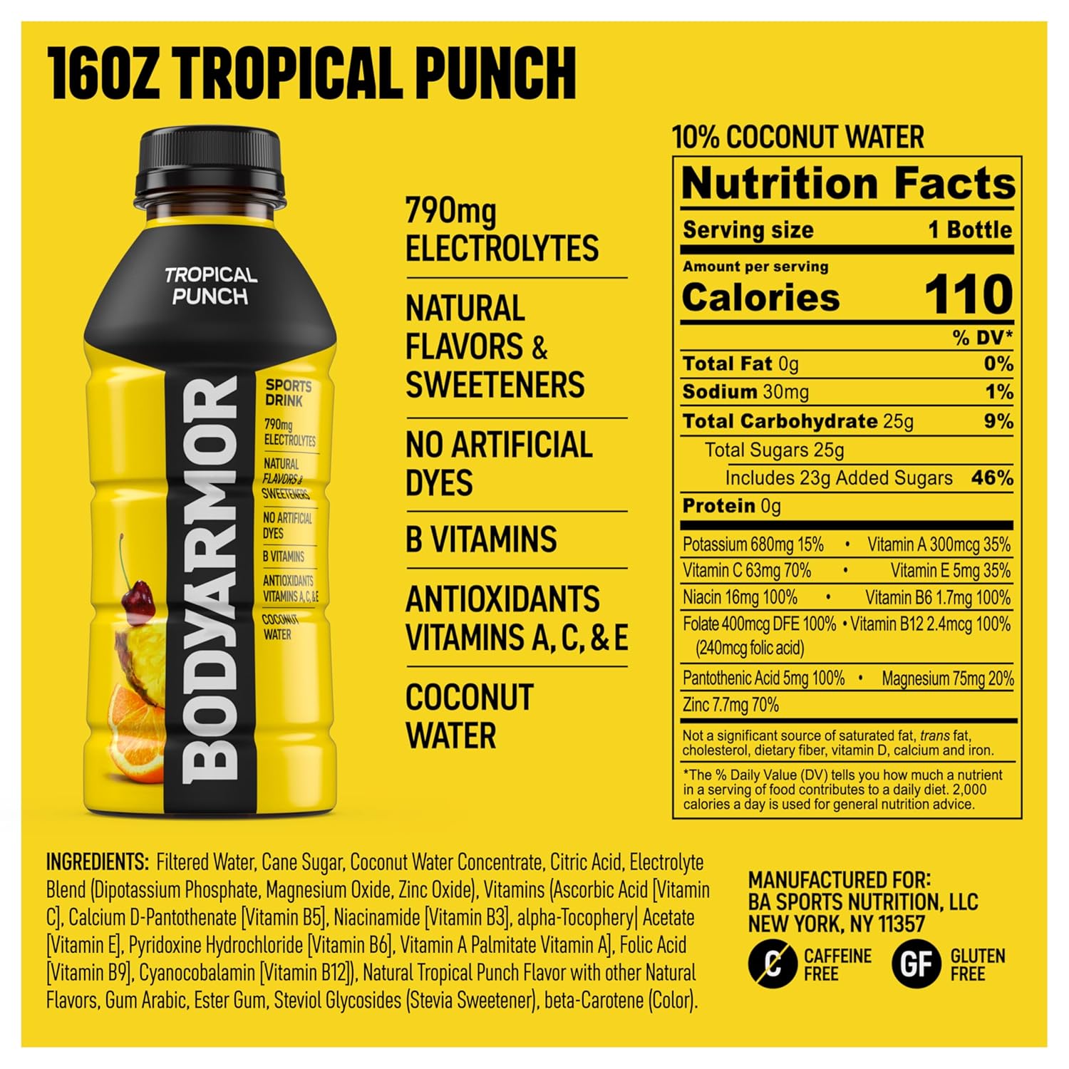 BODYARMOR Sports Drink Sports Beverage, Tropical Punch, Coconut Water Hydration, Packed Electrolytes, Perfect For Athletes, 16 Fl Oz (Pack of 12)