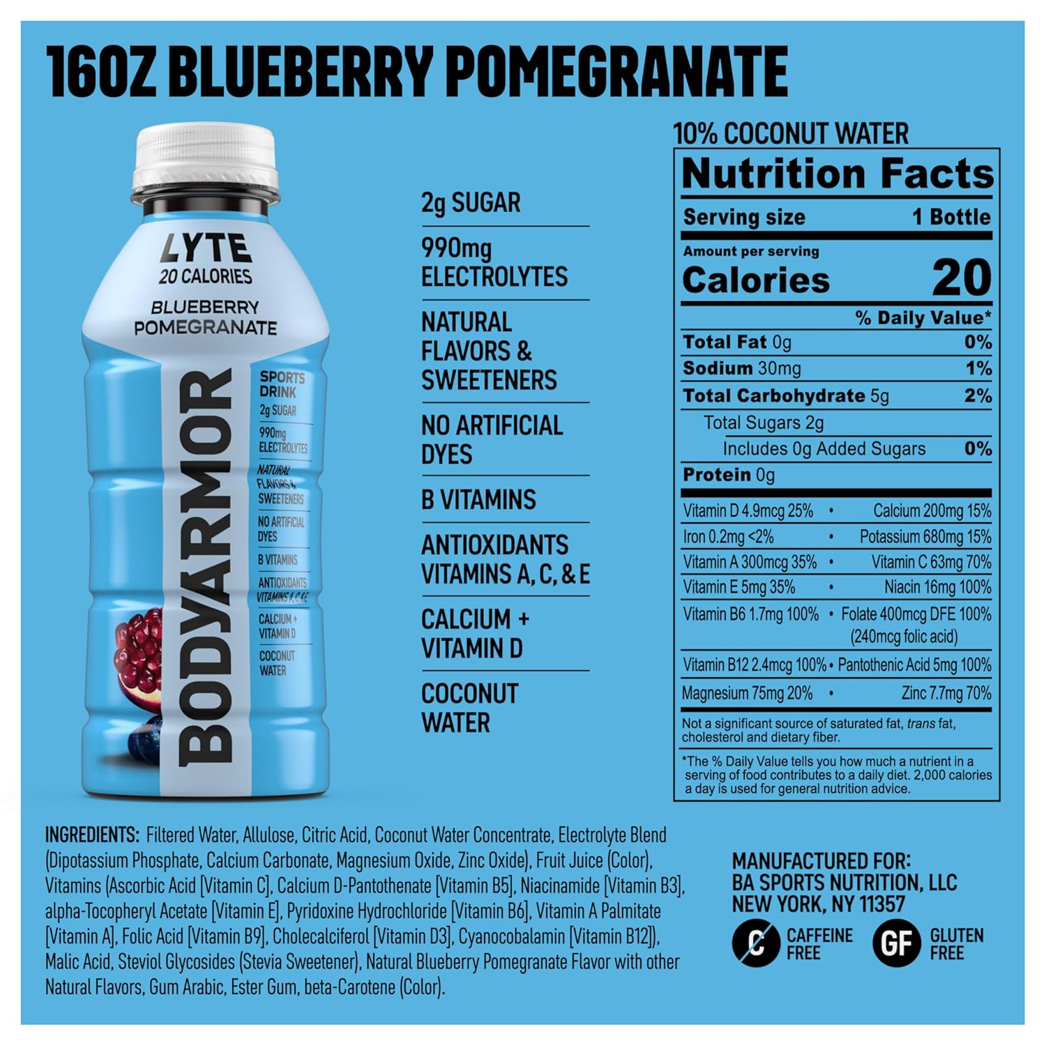 BODYARMOR LYTE Sports Drink Low-Calorie Sports Beverage, Blueberry Pomegranate, Coconut Water Hydration, 16 Fl Oz (Pack of 12)