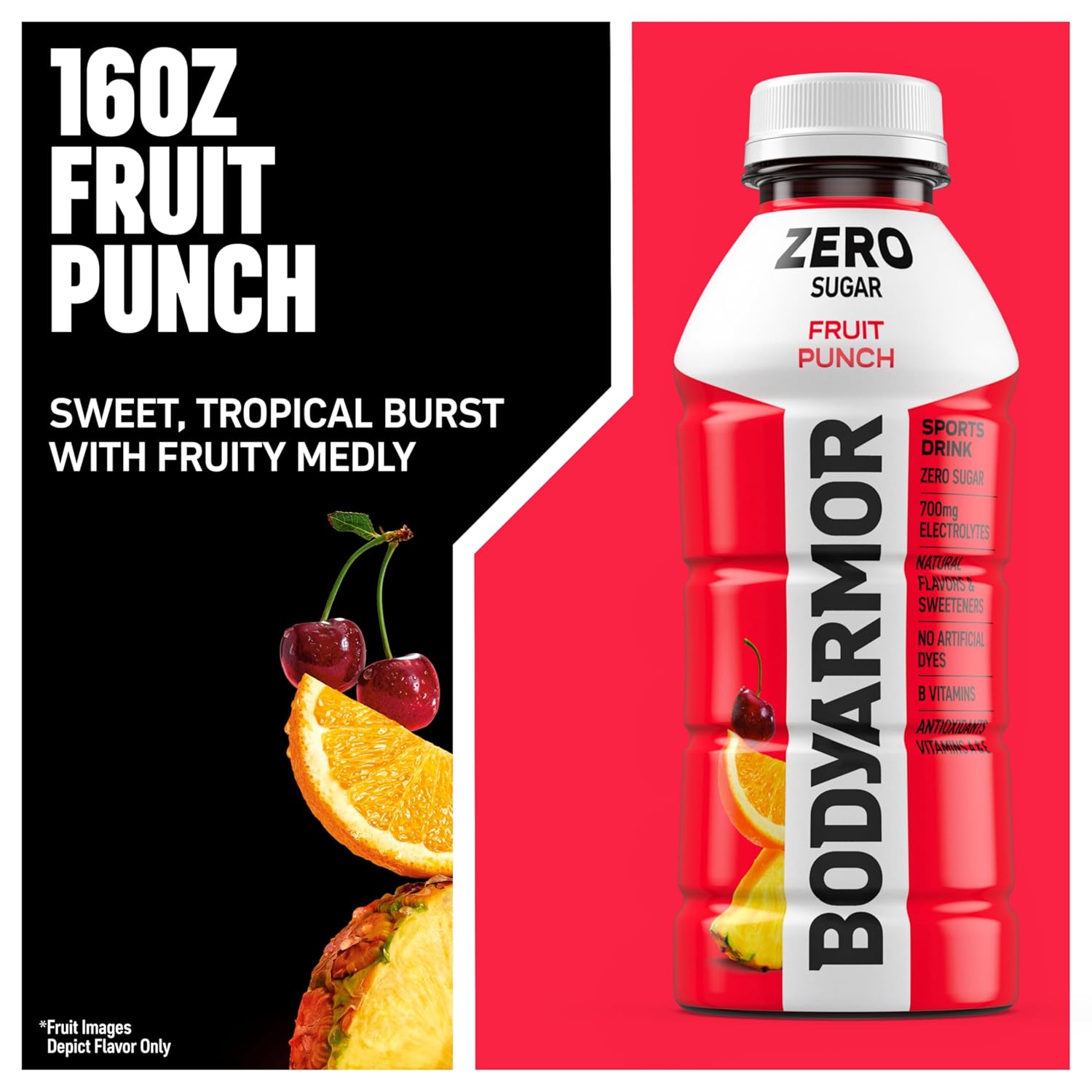 BODYARMOR ZERO Sugar Fruit Punch, Sugar Free Sports Drink, Natural Flavors with Potassium Packed Electrolytes, Antioxidants, and B-vitamins, 16 fl oz (pack of 12)
