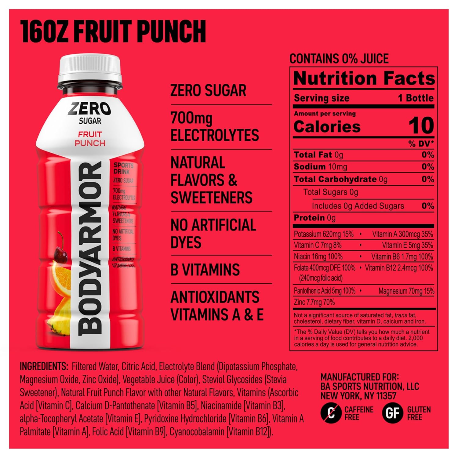 BODYARMOR ZERO Sugar Fruit Punch, Sugar Free Sports Drink, Natural Flavors with Potassium Packed Electrolytes, Antioxidants, and B-vitamins, 16 fl oz (pack of 12)