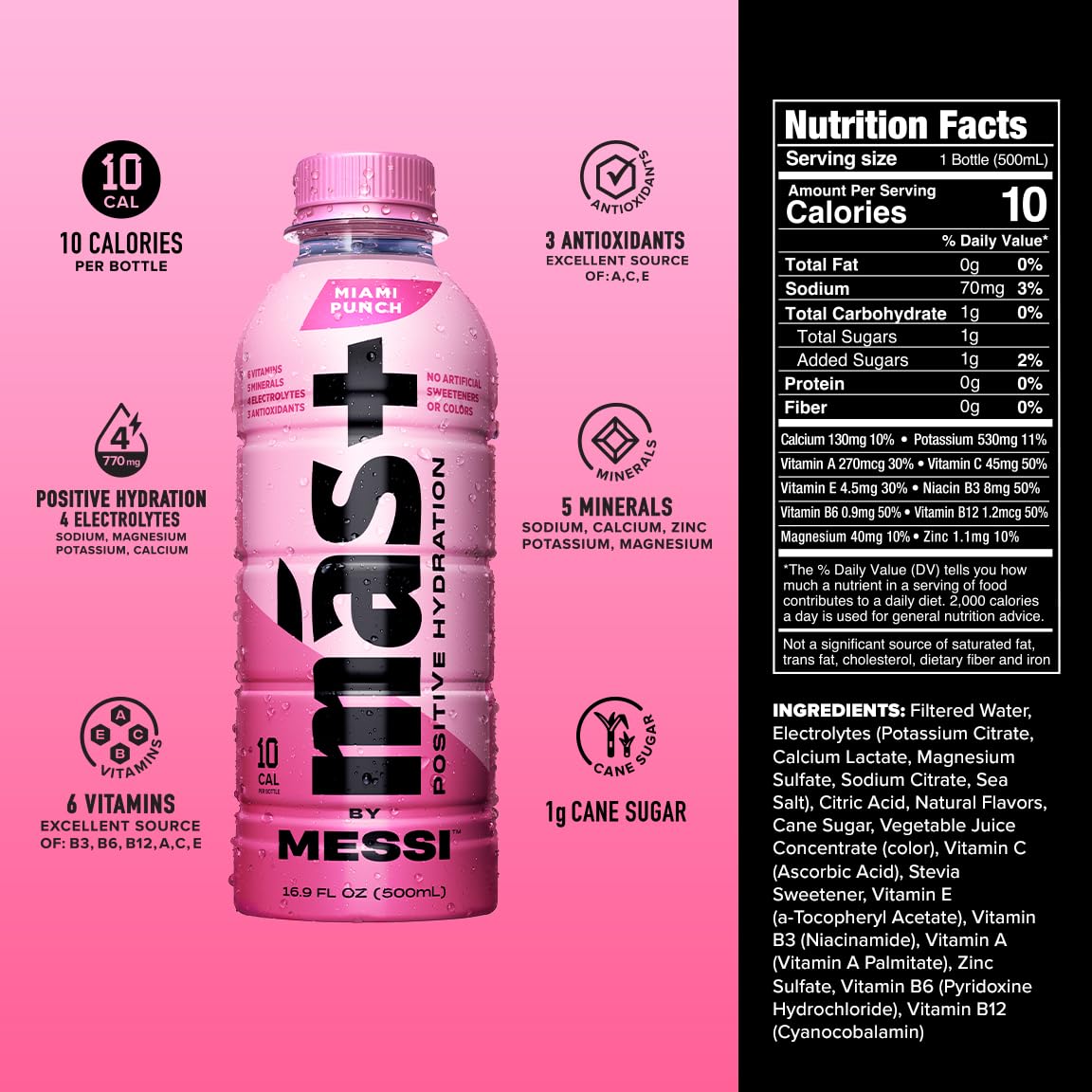 Más+ by Messi 16.9oz Miami Punch, Sports Drink & Hydration Beverage, 12-pack