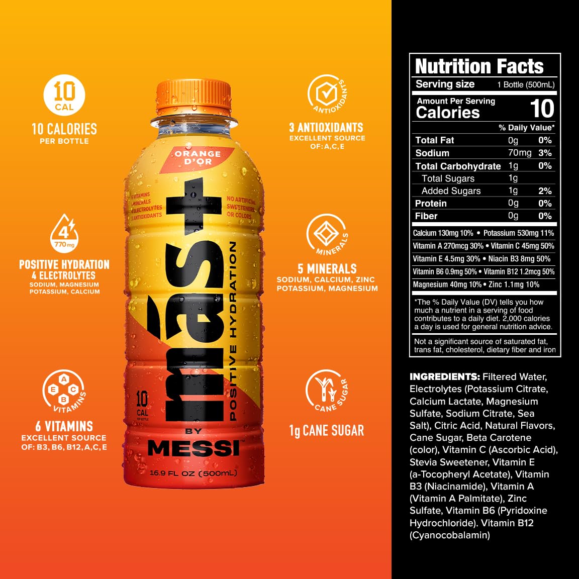 Más+ by Messi 16.9oz Orange d'Or, Sports Drink & Hydration Beverage, 12-pack