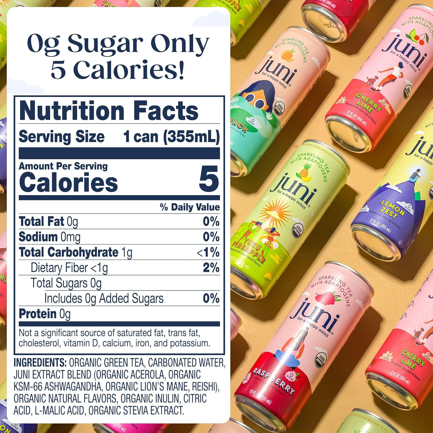 Juni Sparkling Adaptogen Drink with Ashwagandha, Lion’s Mane & Reishi Mushrooms | Non Alcoholic Drinks - Variety Pack 12 pack