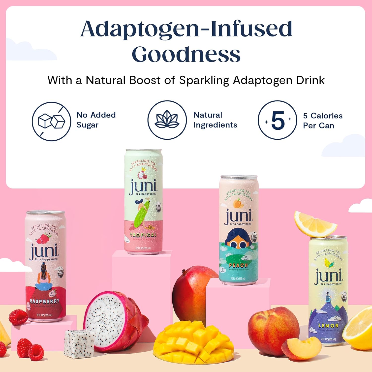 Juni Sparkling Adaptogen Drink with Ashwagandha, Lion’s Mane & Reishi Mushrooms  - Raspberry 12 pack