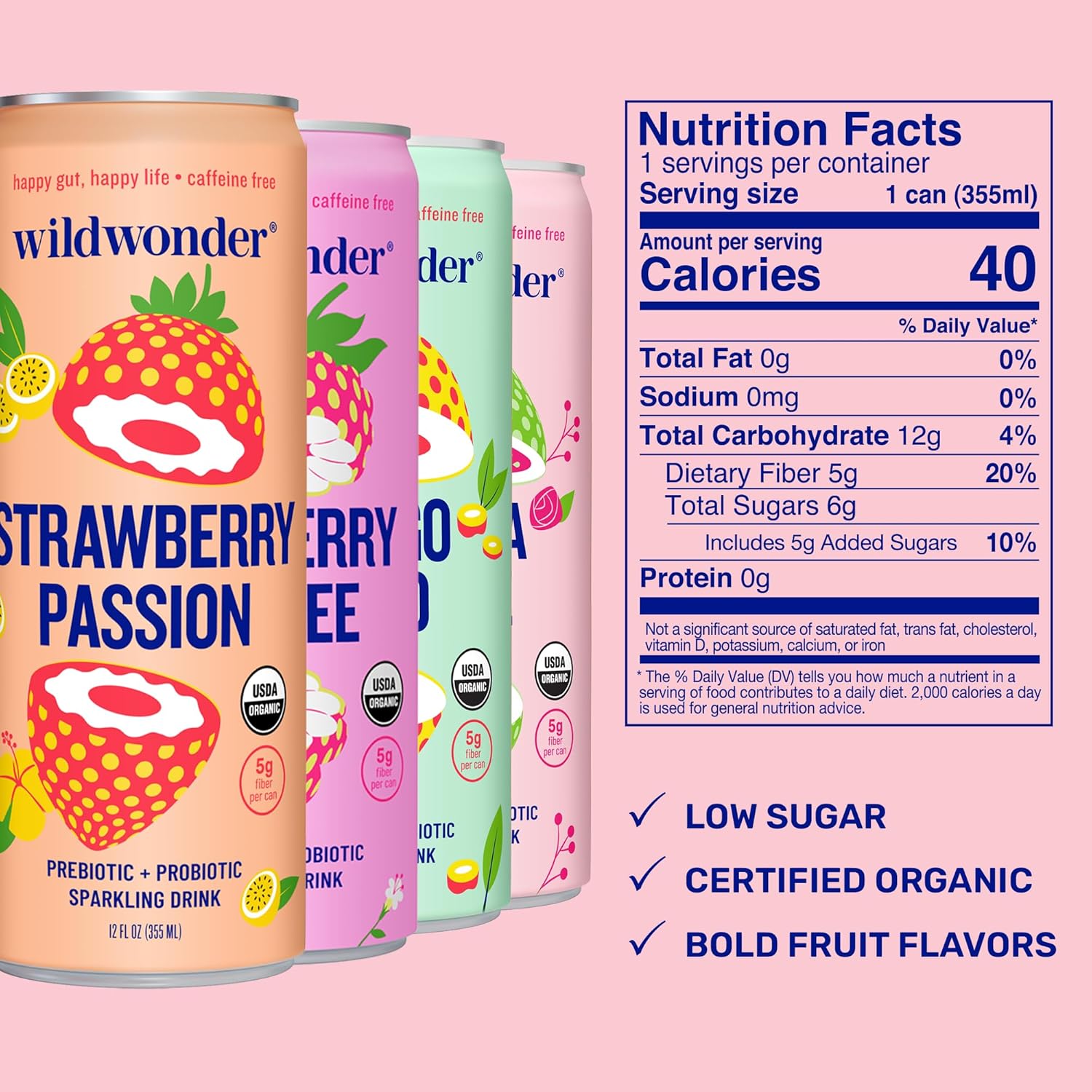 wildwonder Sparkling Probiotic Drink 12pk, For Gut Health & Immune Support, Classic Variety Pack, 5g Prebiotic Fiber, 12 Pack, 12oz Can, Seen on Shark Tank