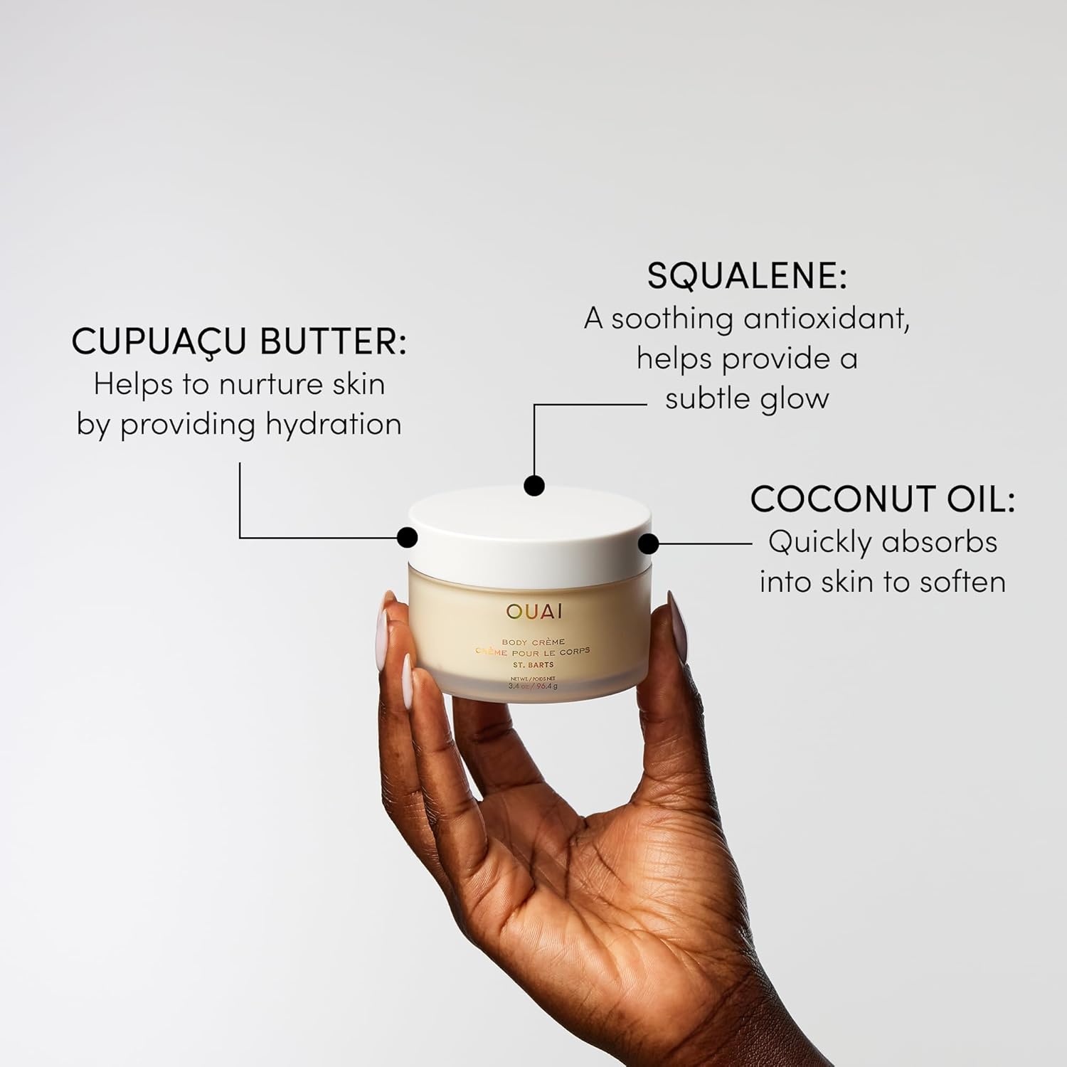 OUAI Body Creme, St. Barts Travel Size - Hydrating Whipped Body Cream with Cupuaçu Butter, Coconut Oil & Squalane, (3.4 oz)