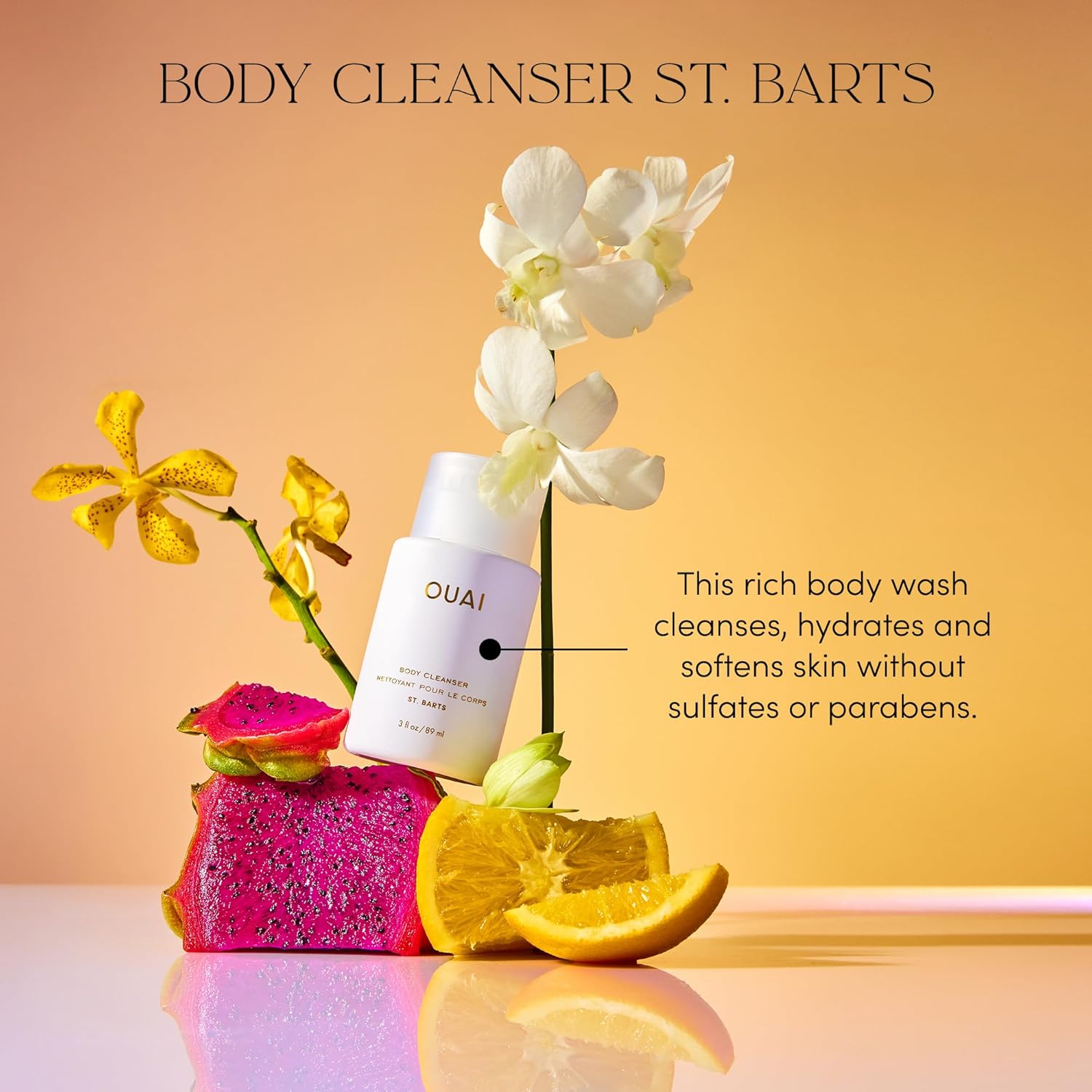 OUAI Body Cleanser, St. Barts Travel Size - Foaming Body Wash with Jojoba Oil & Rosehip Oil to Hydrate, (3 fl oz)