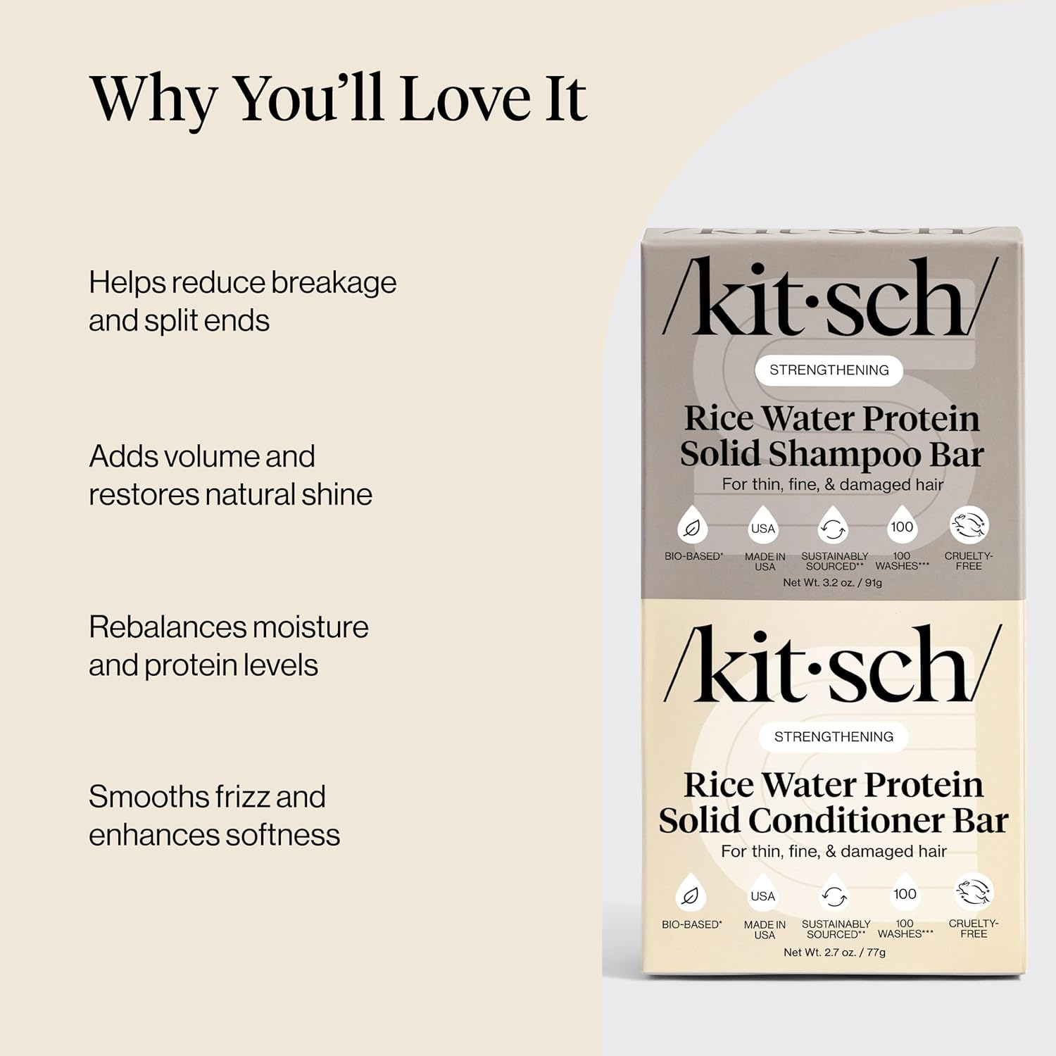Kitsch Rice Water Protein Solid Shampoo and Conditioner Set for Hair Growth