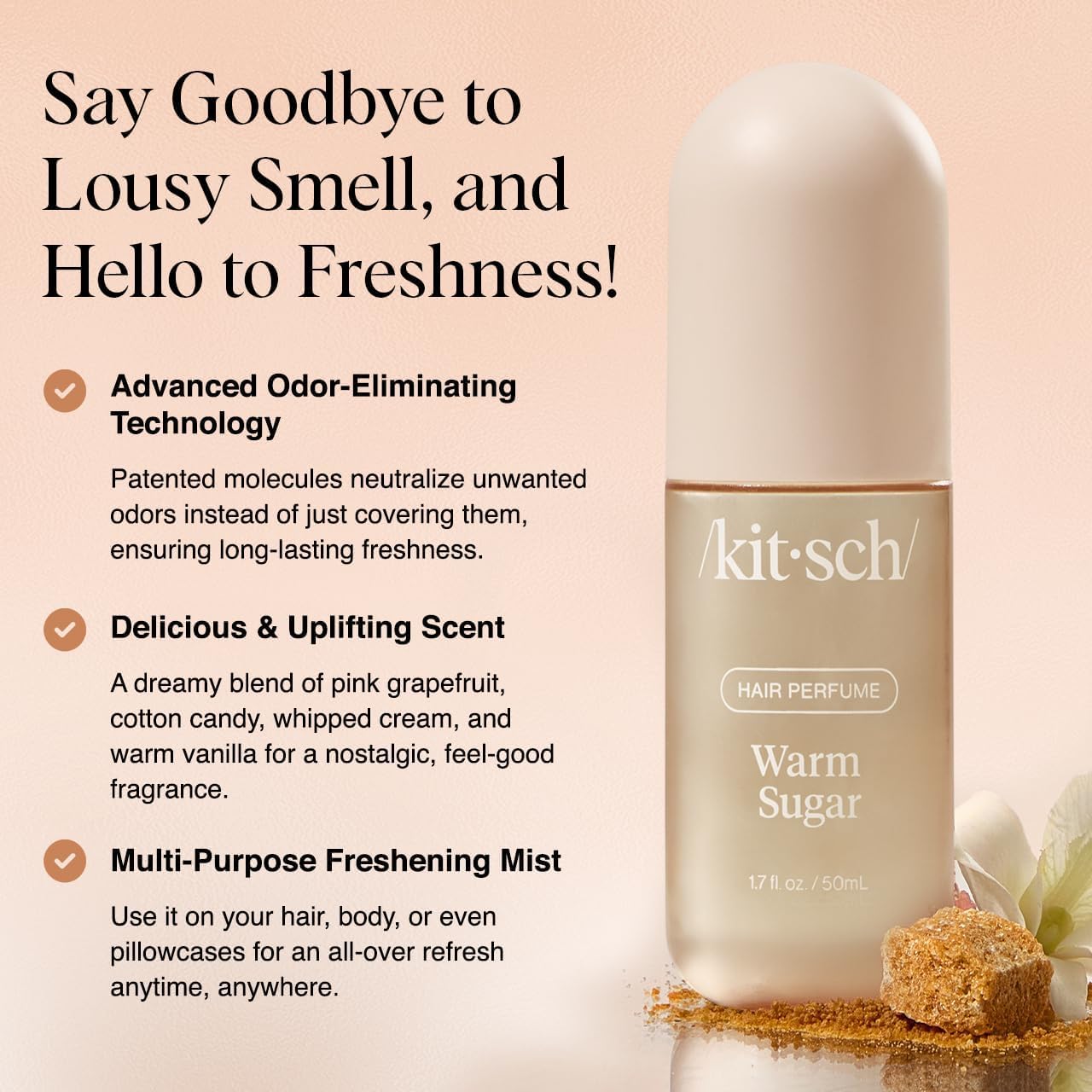 Kitsch Hair Perfume for Women - Warm Sugar | Clean, Deodorizing & Patented Odor-Eliminating Technology Hair Spray & Body Mist - 50mL