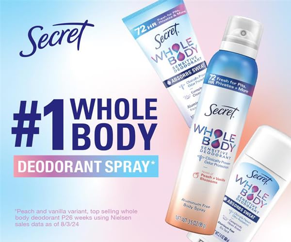 Secret Whole Body Deodorant Stick for Women, Naturally Derived Ingredients, Peach & Vanilla Scent, 2.4 oz