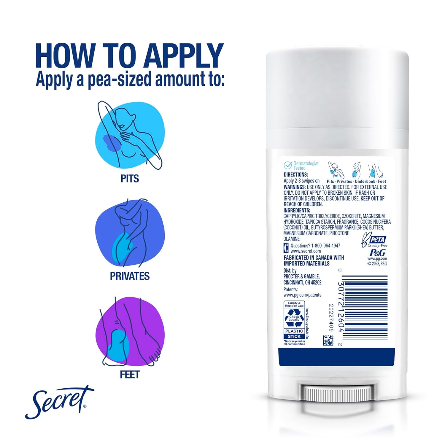 Secret Whole Body Deodorant Stick for Women, Naturally Derived Ingredients, Peach & Vanilla Scent, 2.4 oz