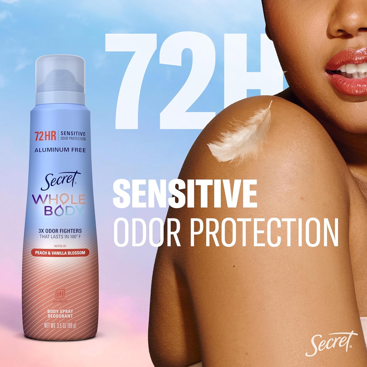 Secret Aluminum Free Whole Body Deodorant Spray for Women, 72hr Sensitive Freshness & Odor Defense, Peach & Vanilla Blossom Scent, 3.5 oz