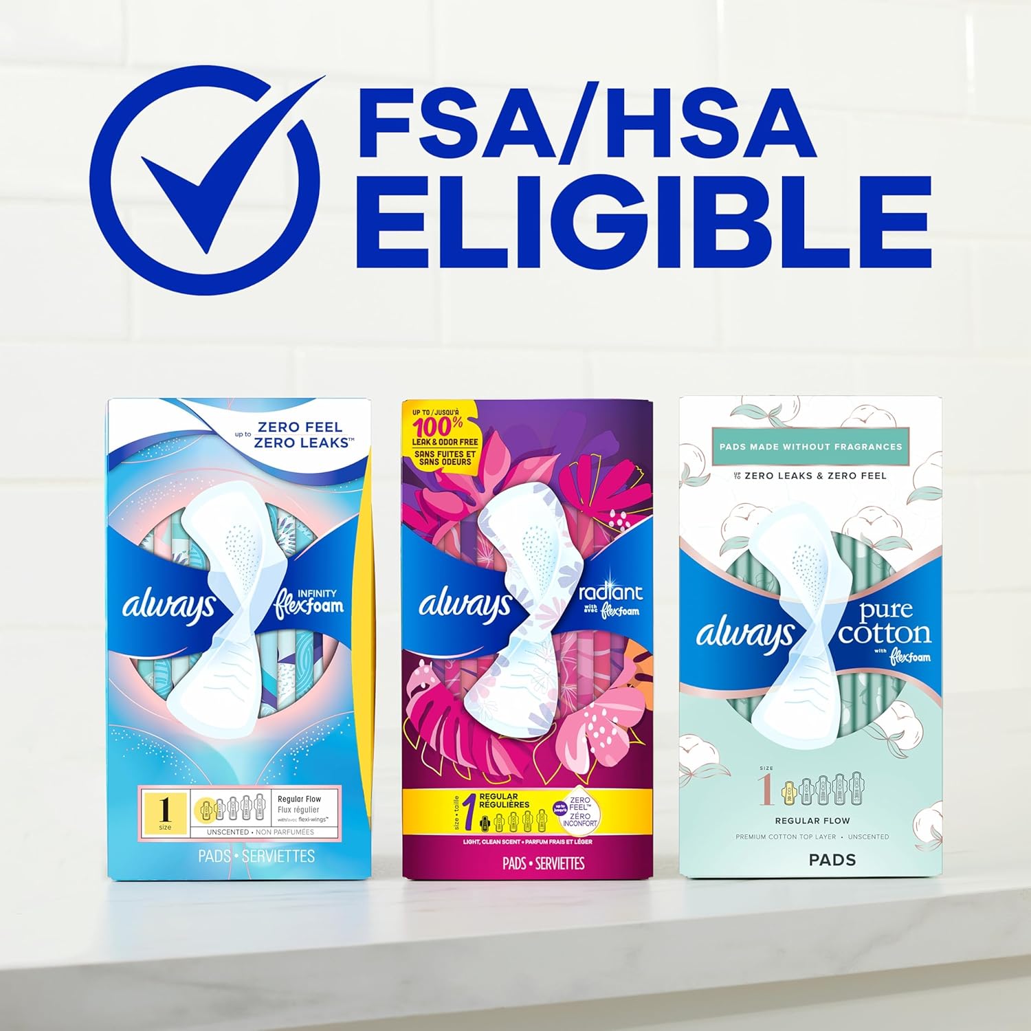 Always Infinity Feminine Pads for Women, Flexfoam Pads Without Wings, Size 2, Heavy Absorbency, Unscented, 96 Count (3 Packs of 32)