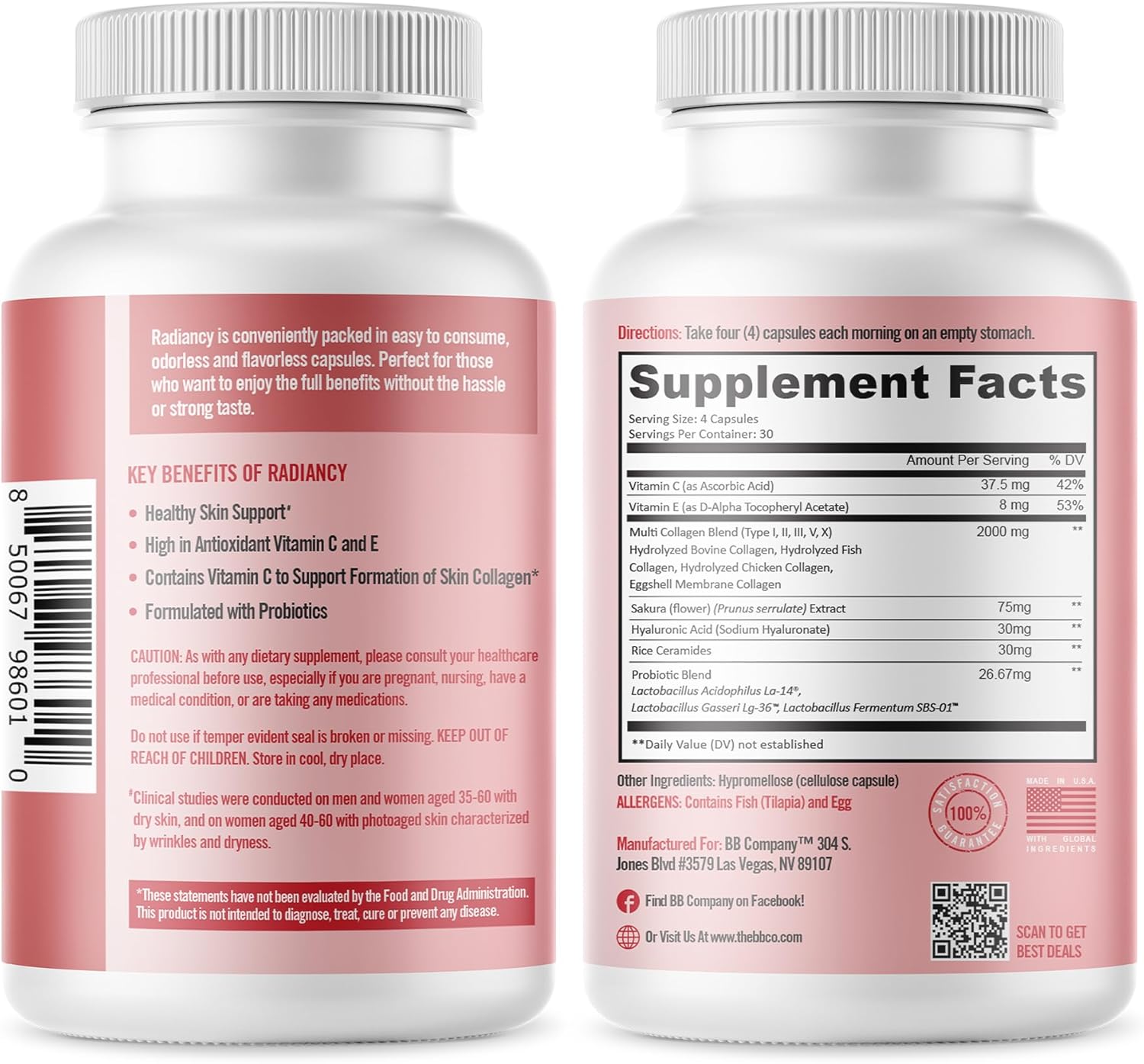 BB Company Radiancy | Vaginal Probiotics for Vaginal Dryness, pH Balance, Probiotics, Vitamin C, Multi Collagen | 120 Ct