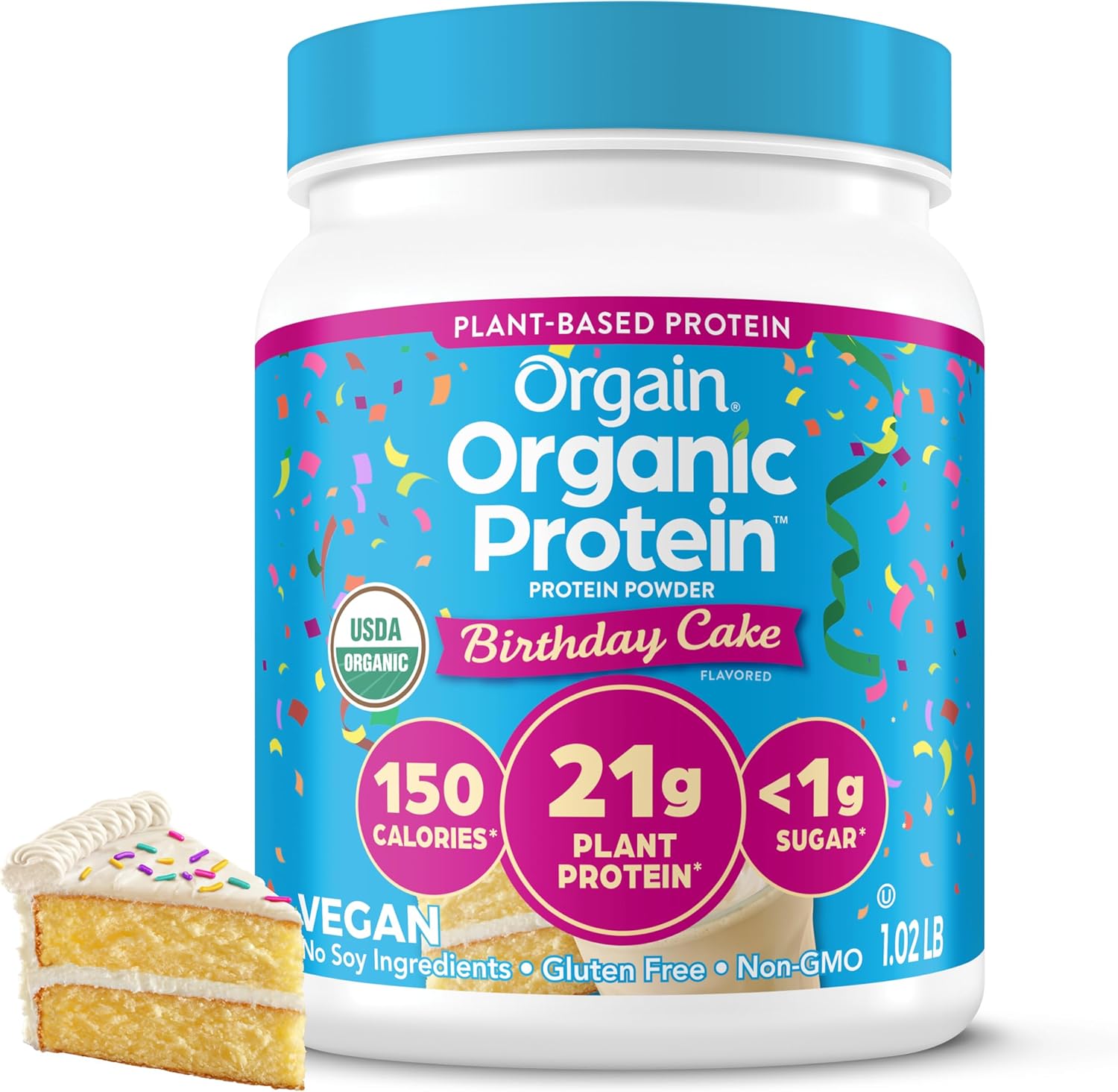 Orgain Organic Vegan Protein Powder, Birthday Cake - 21g Plant Based Protein, 7g Prebiotic Fiber