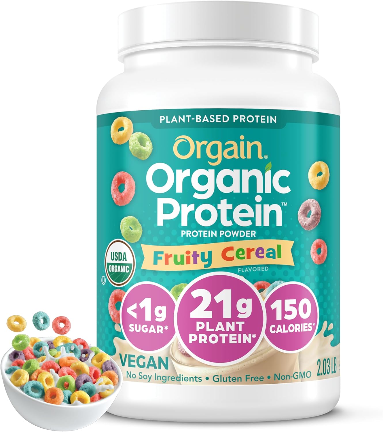 Orgain Organic Vegan Protein Powder, Fruity Cereal - 21g Plant Based Protein, 8g Prebiotic Fiber, Low Net Carb
