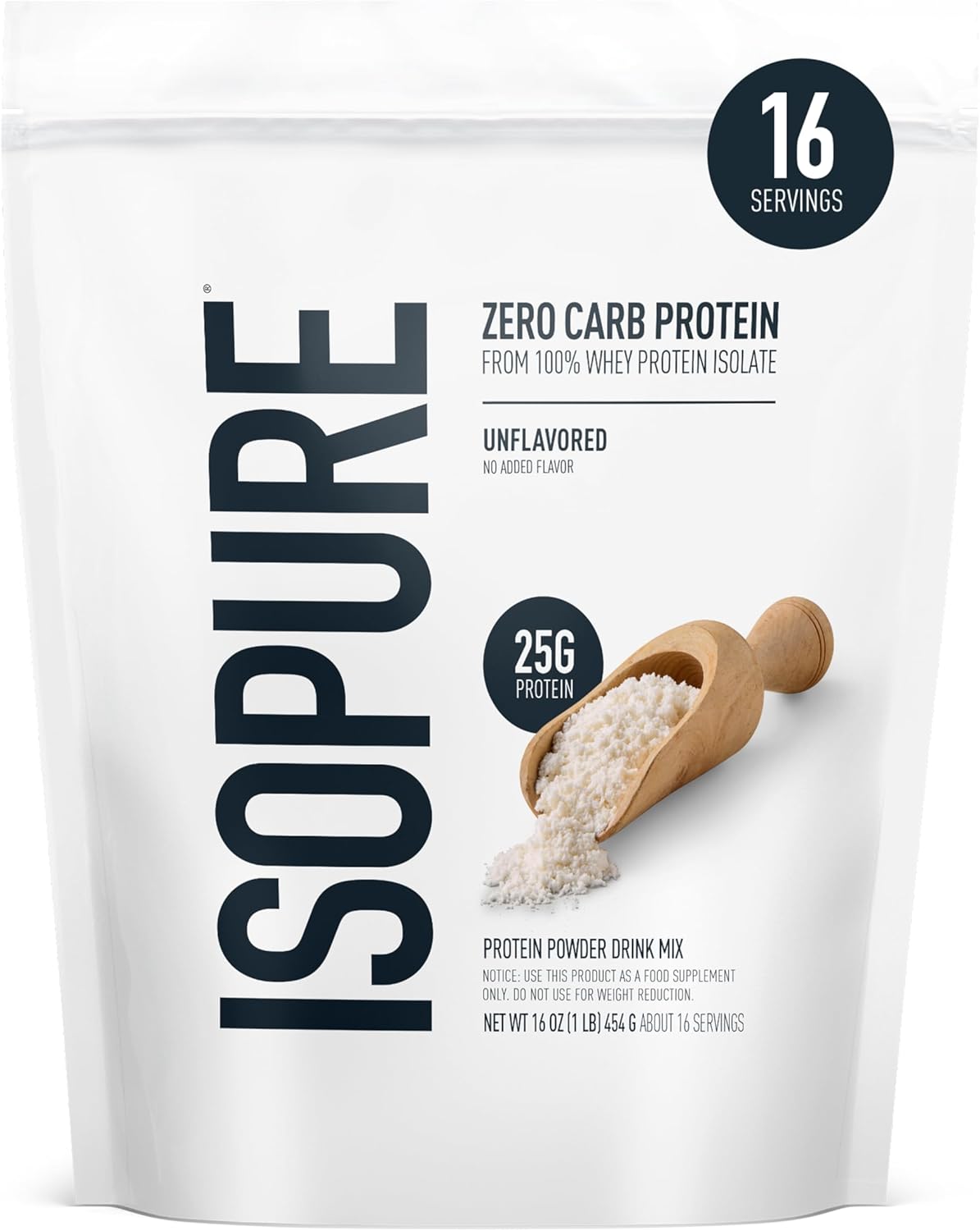 Isopure Zero Carb 100% Pure Whey Isolate Protein Powder, Unflavored, 25g Protein Per Serving, 1 Lb, 16 Servings