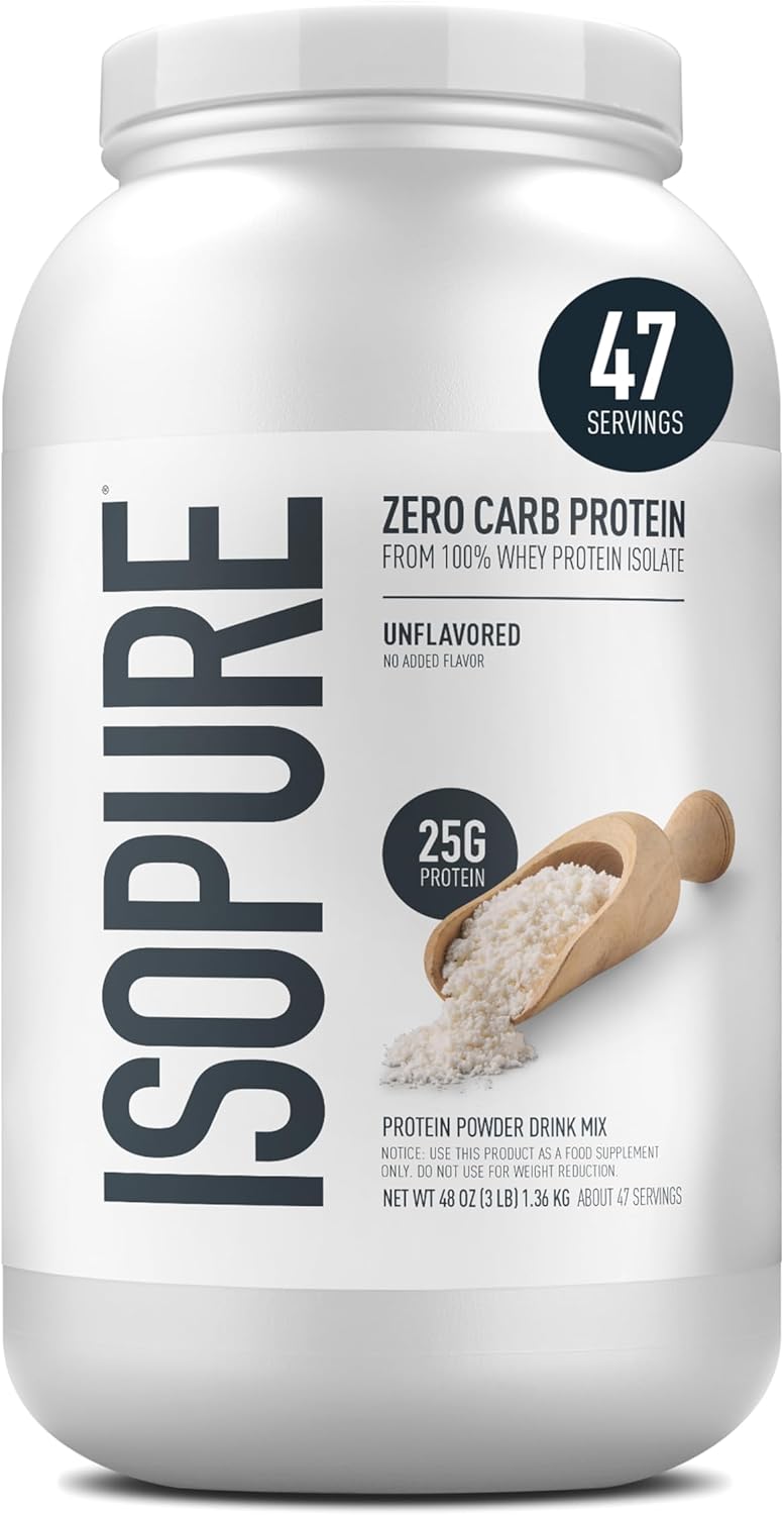 Isopure Zero Carb 100% Pure Whey Isolate Protein Powder Unflavored, 25g Protein Per Serving, 3 Lbs, 47 Servings