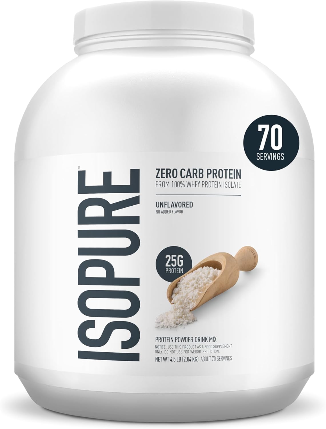Isopure Zero Carb 100% Pure Whey Isolate Protein Powder Unflavored, 25g Protein Per Serving, 4.5 Lbs, 70 Servings