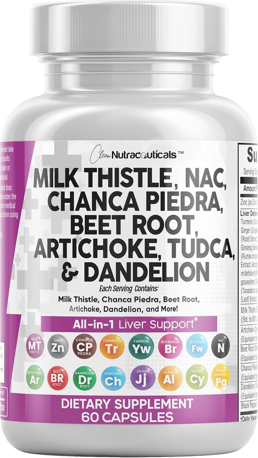 Clean Nutraceuticals Milk Thistle, Liver Cleanse Detox & Repair Supplement Plus TUDCA Choline & Ginger 60 Count
