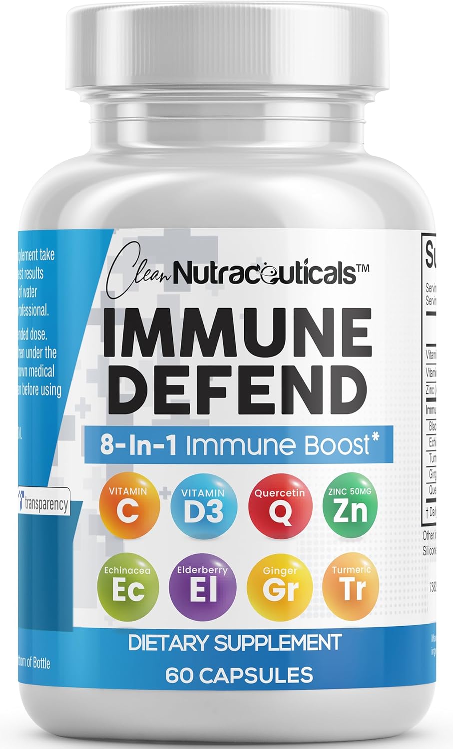 Clean Nutraceuticals Immune Defense Support Supplement 8 in 1 with Zinc 50mg Quercetin, VIT C 1000mg, Vitamin D3 5000 IU, 60 Count