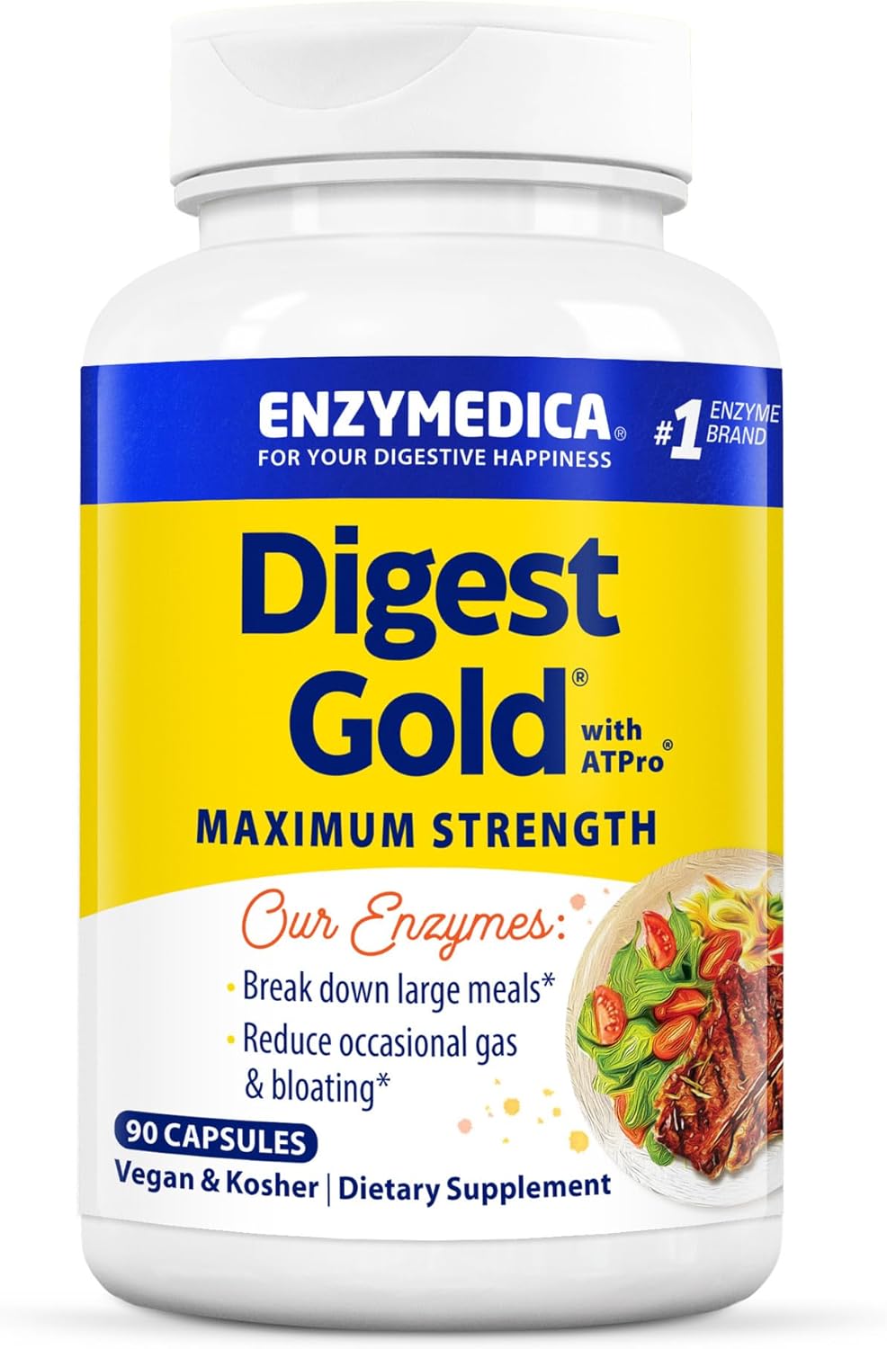 Enzymedica Digest Gold + ATPro, Maximum Strength Enzyme Formula, Fast-Acting, Helps Digest Large Meals, Prevents Bloating and Gas, 90 Capsules