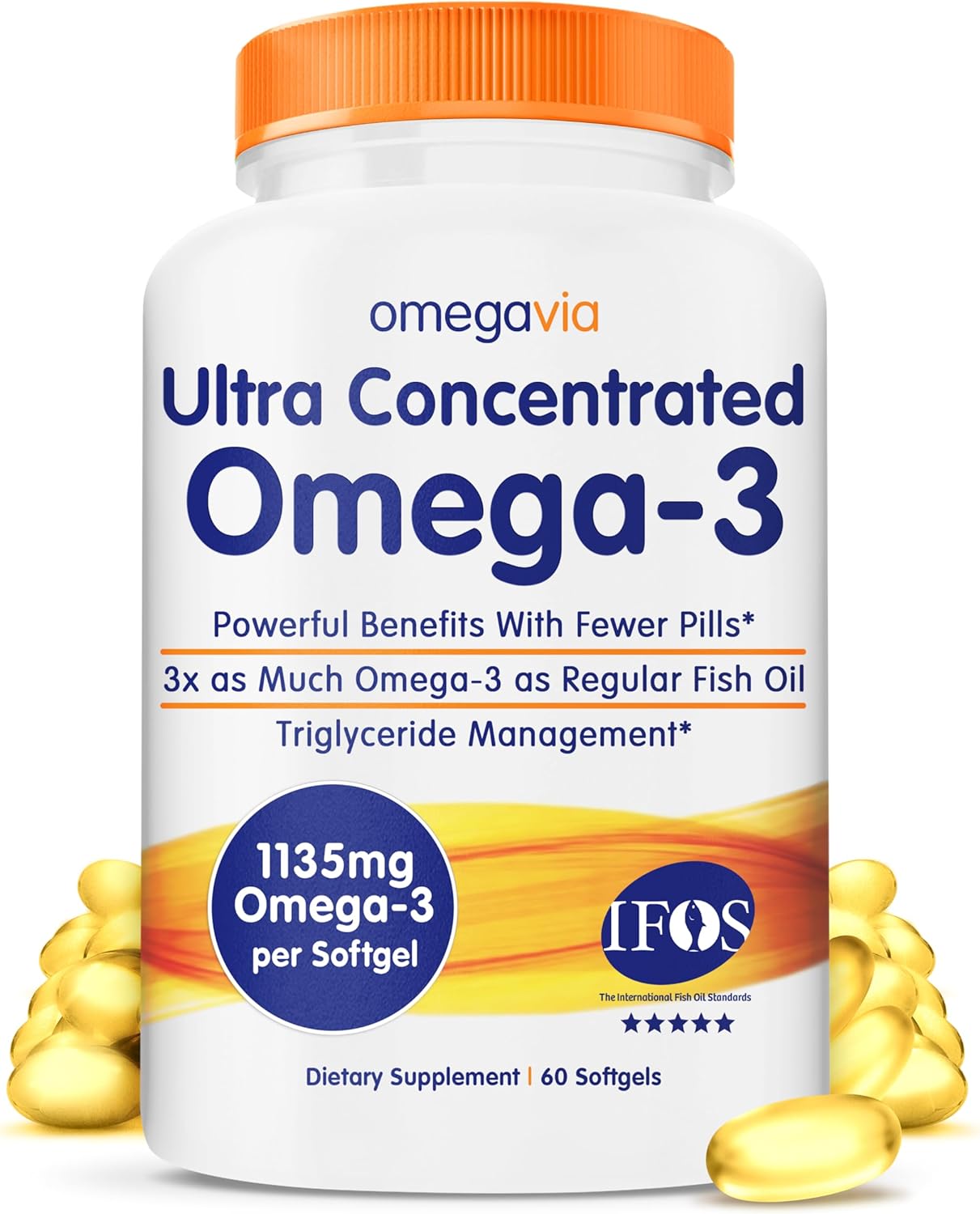 OmegaVia Ultra Concentrated Omega 3 Fish Oil Burpless, 60 Softgels, Triple Strength Omega 3 Fish Oil Supplements