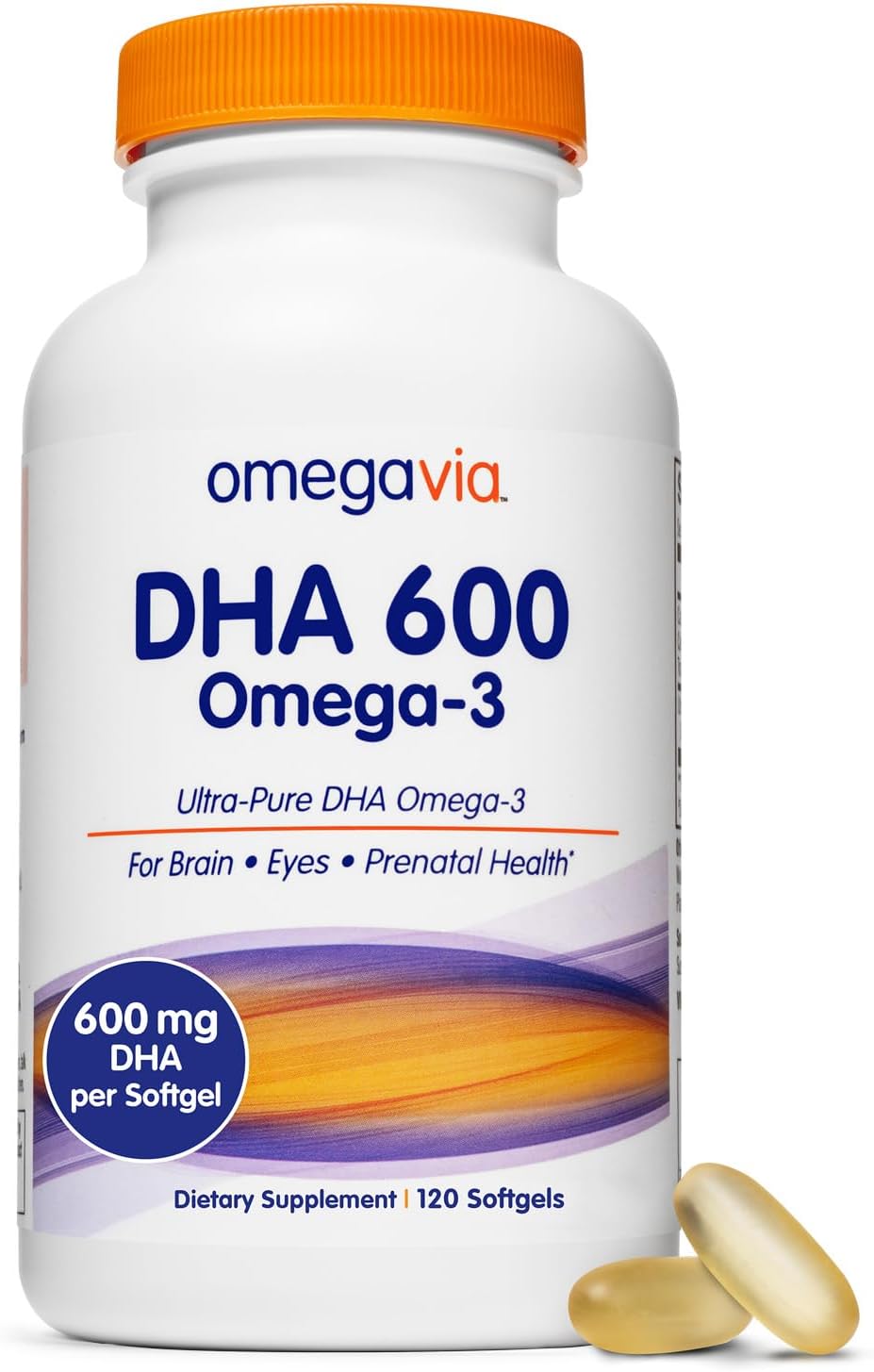 OmegaVia DHA 600 mg, Ultra Pure Omega-3 DHA Supplements for Brain and Eyes, 120 Softgels