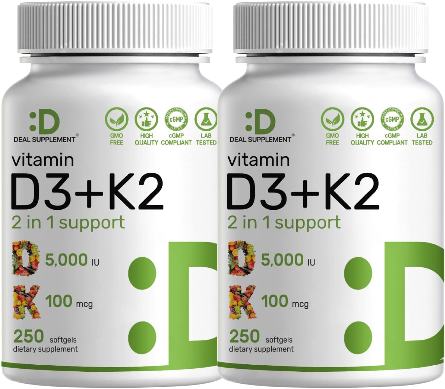 DEAL SUPPLEMENT 2 Pack Vitamin D3 5,000 IU + K2 MK7 Softgels, 500 Count | 2-in-1